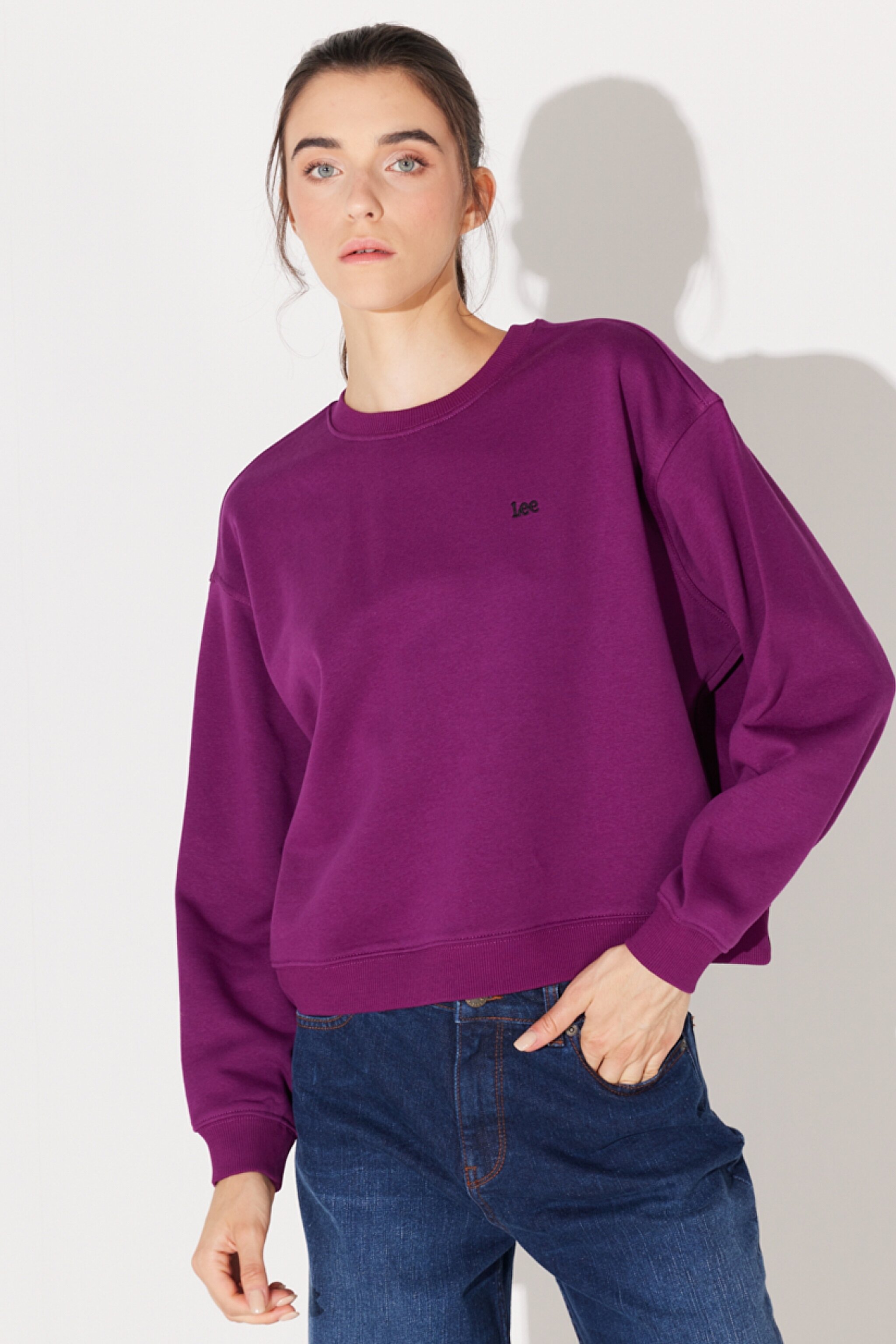 Regular Fit Normal Kesim Bisiklet Yaka Şardonlu Mürdüm Sweatshirt