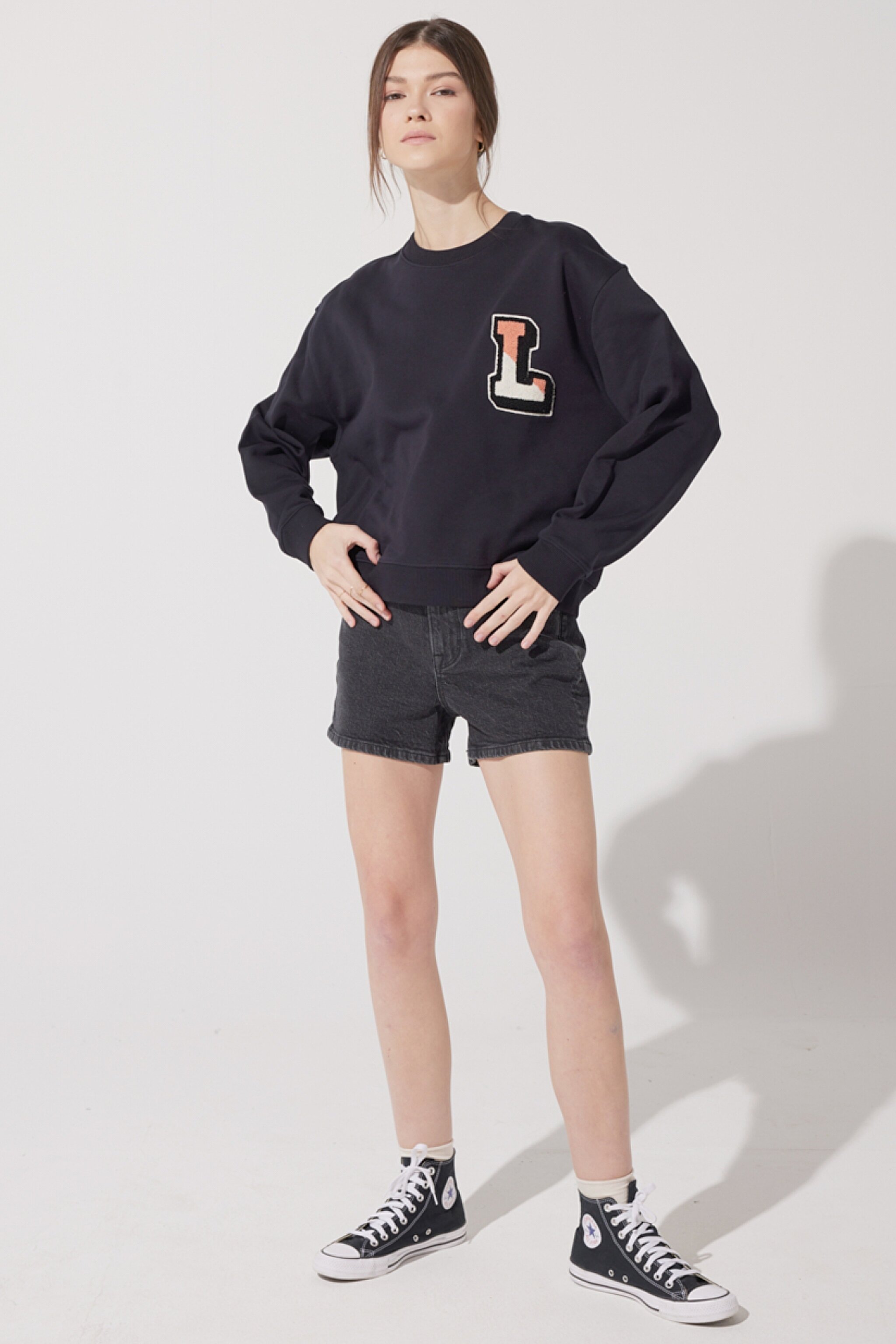 Loose Fit Rahat Kesim %100 Pamuk Bisiklet Yaka Sweatshirt - Union All Black-L53LRY86 (görsel 3)