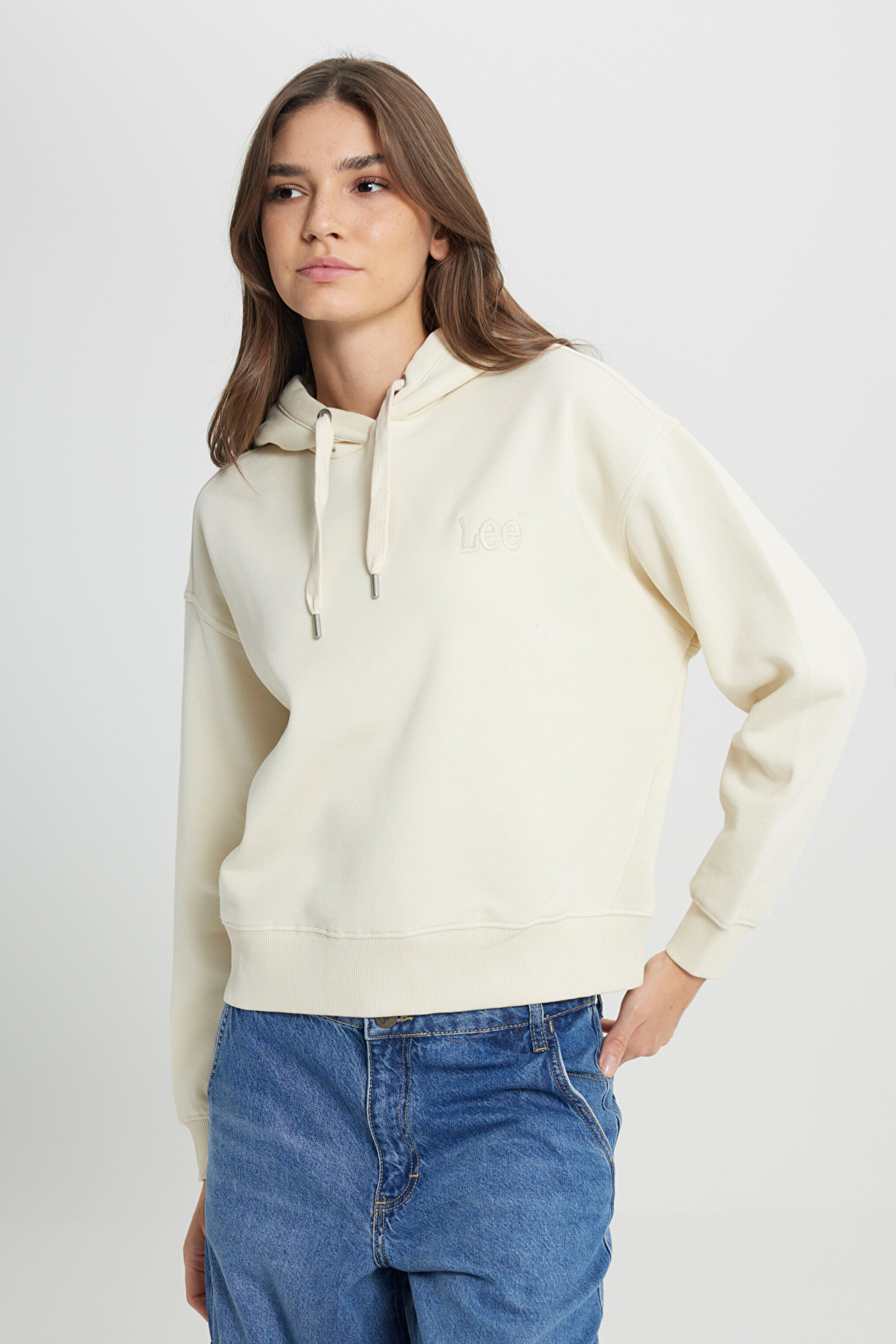 Regular Fit Normal Kesim Kapüşonlu Şardonlu Ecru Sweatshirt