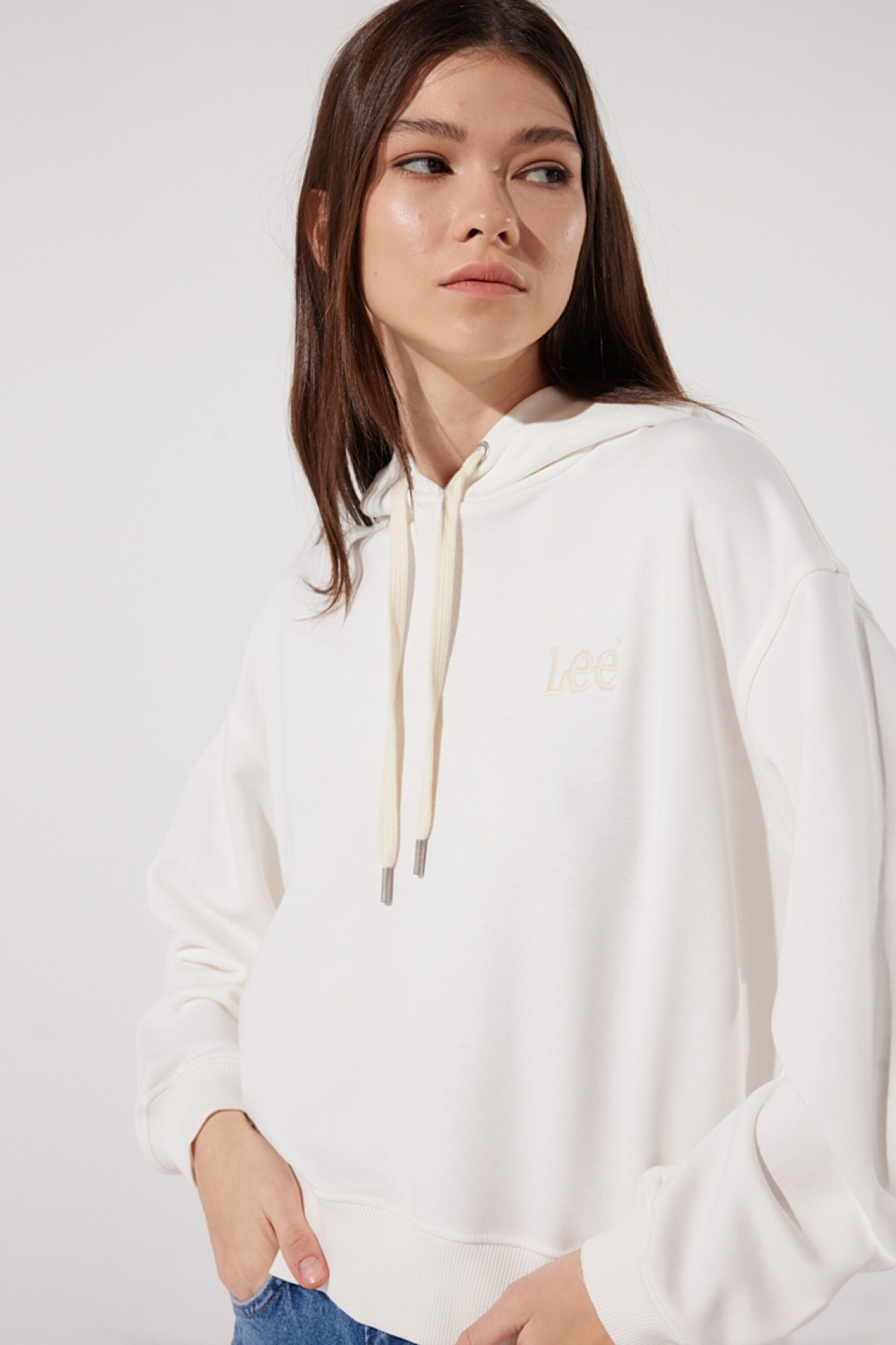 Loose Fit Rahat Kesim Kapüşonlu Yaka Ekru Sweatshirt