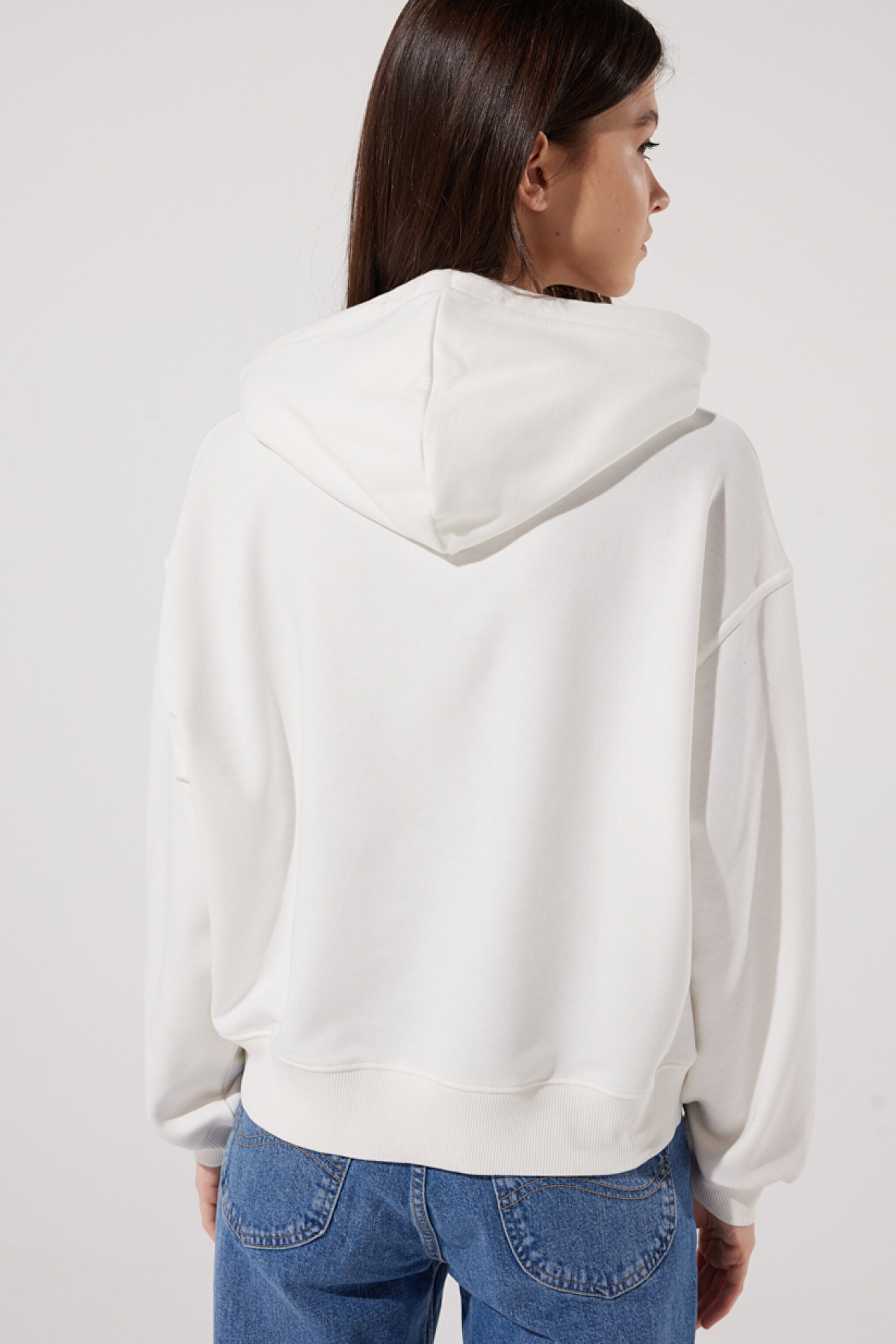 Loose Fit Rahat Kesim Kapüşonlu Yaka Ekru Sweatshirt - Ecru-L53PSR104 (görsel 5)
