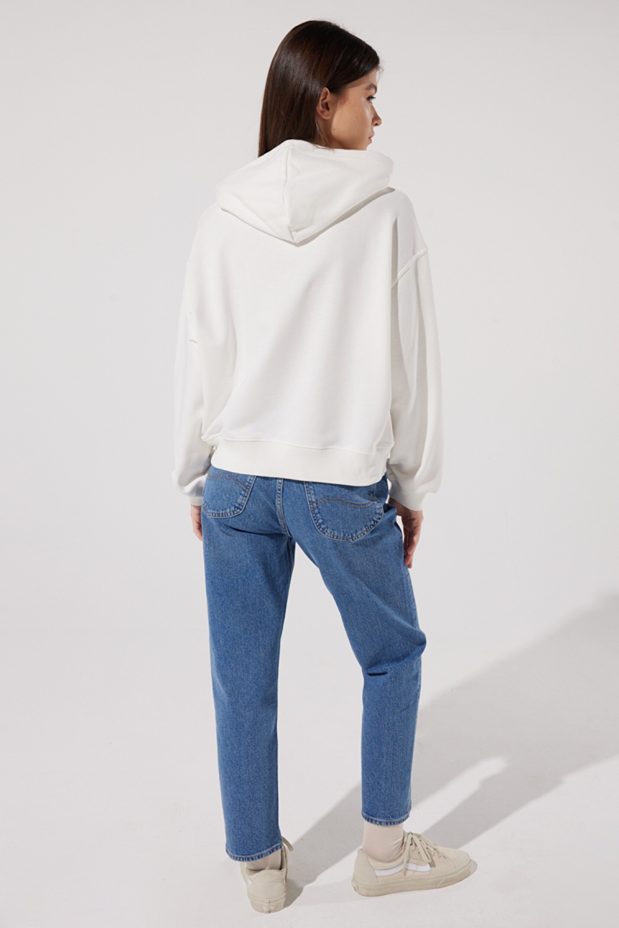 Loose Fit Rahat Kesim Kapüşonlu Yaka Ekru Sweatshirt - Ecru-L53PSR104 (görsel 6)