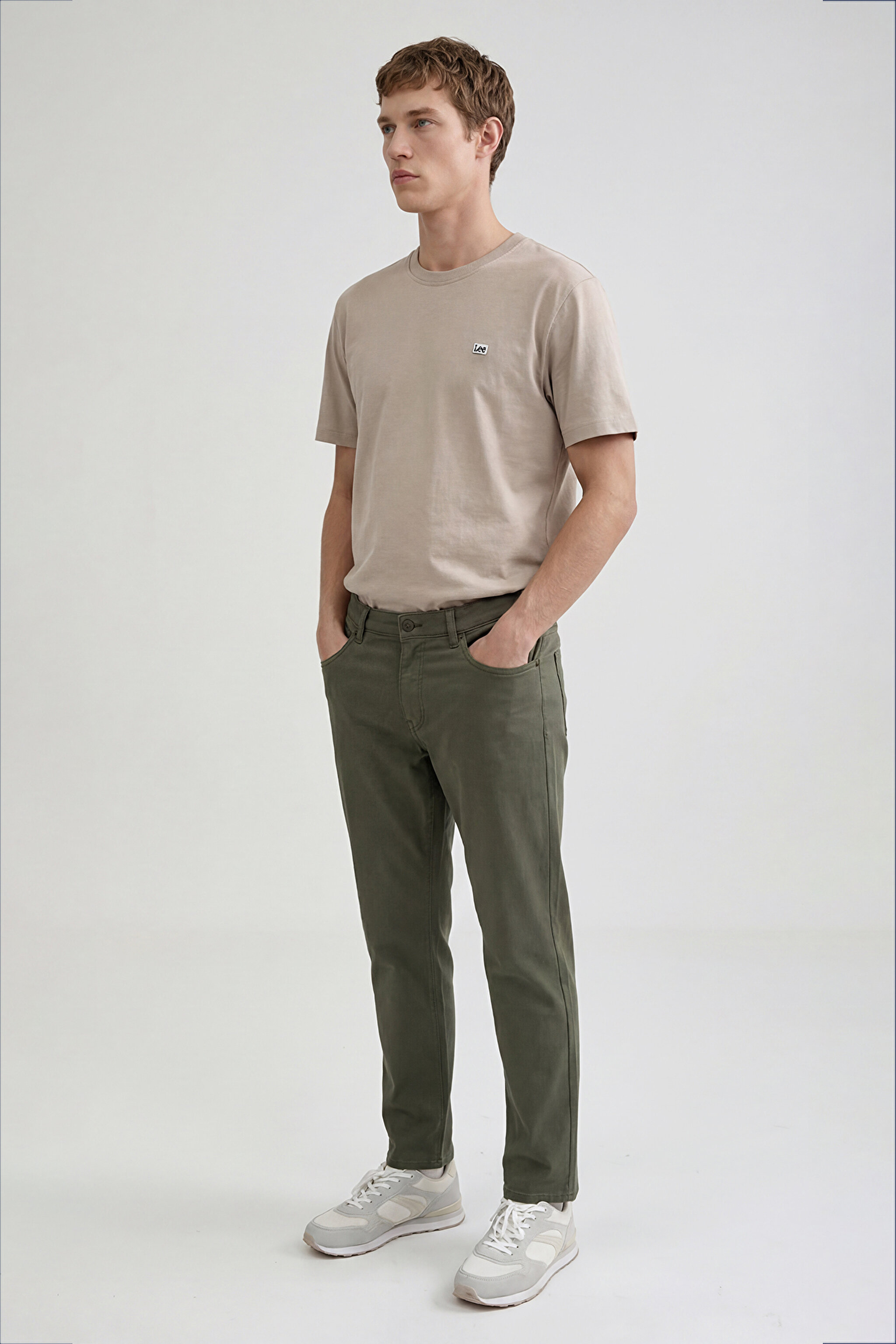 %100 Pamuk Regular Fit Normal Kesim Bisiklet Yaka Logo Detalı Tişört - Beige-L60UFQ614 (görsel 2)