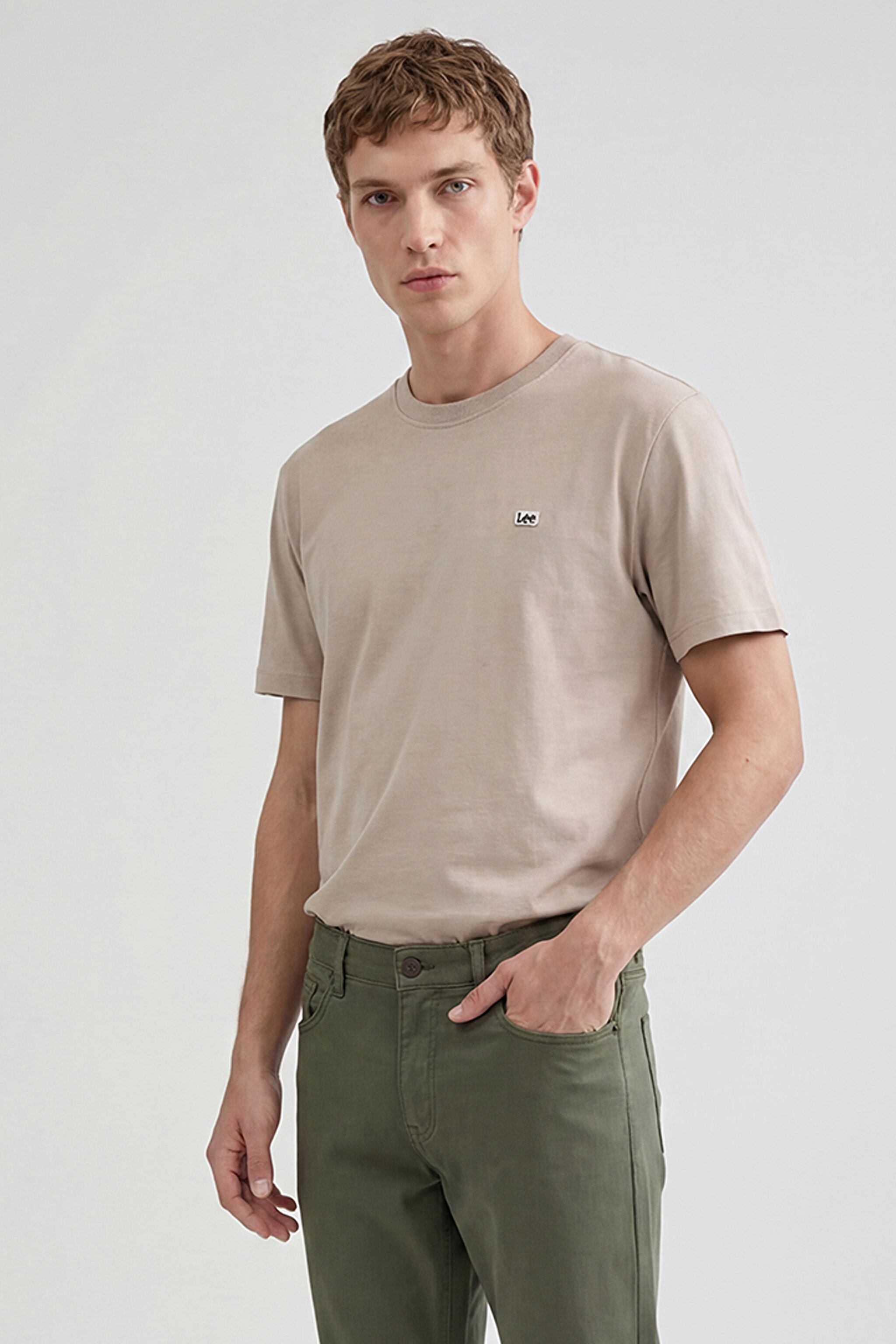 %100 Pamuk Regular Fit Normal Kesim Bisiklet Yaka Logo Detalı Tişört - Beige-L60UFQ614 (görsel 3)