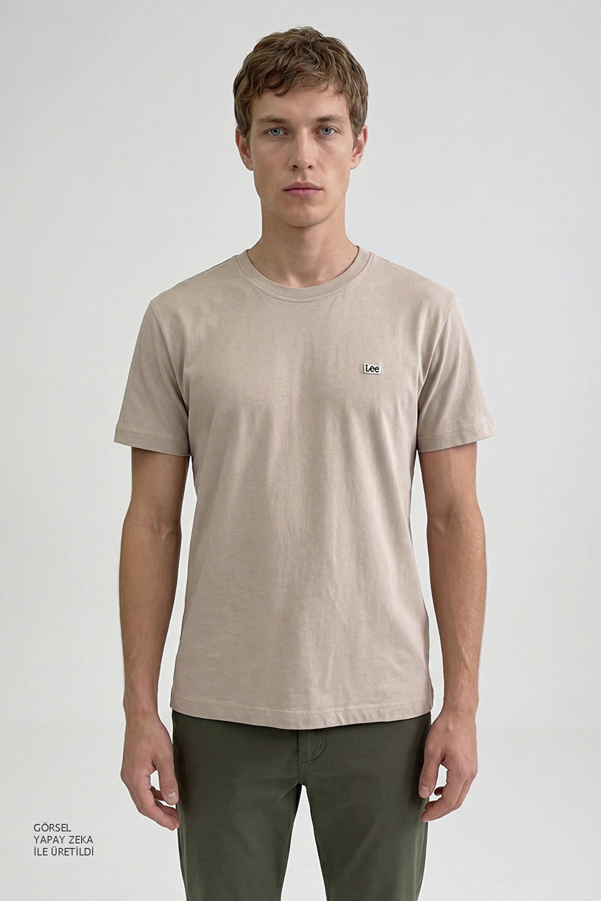 %100 Pamuk Regular Fit Normal Kesim Bisiklet Yaka Logo Detalı Tişört - Beige-L60UFQ614 (görsel 2)