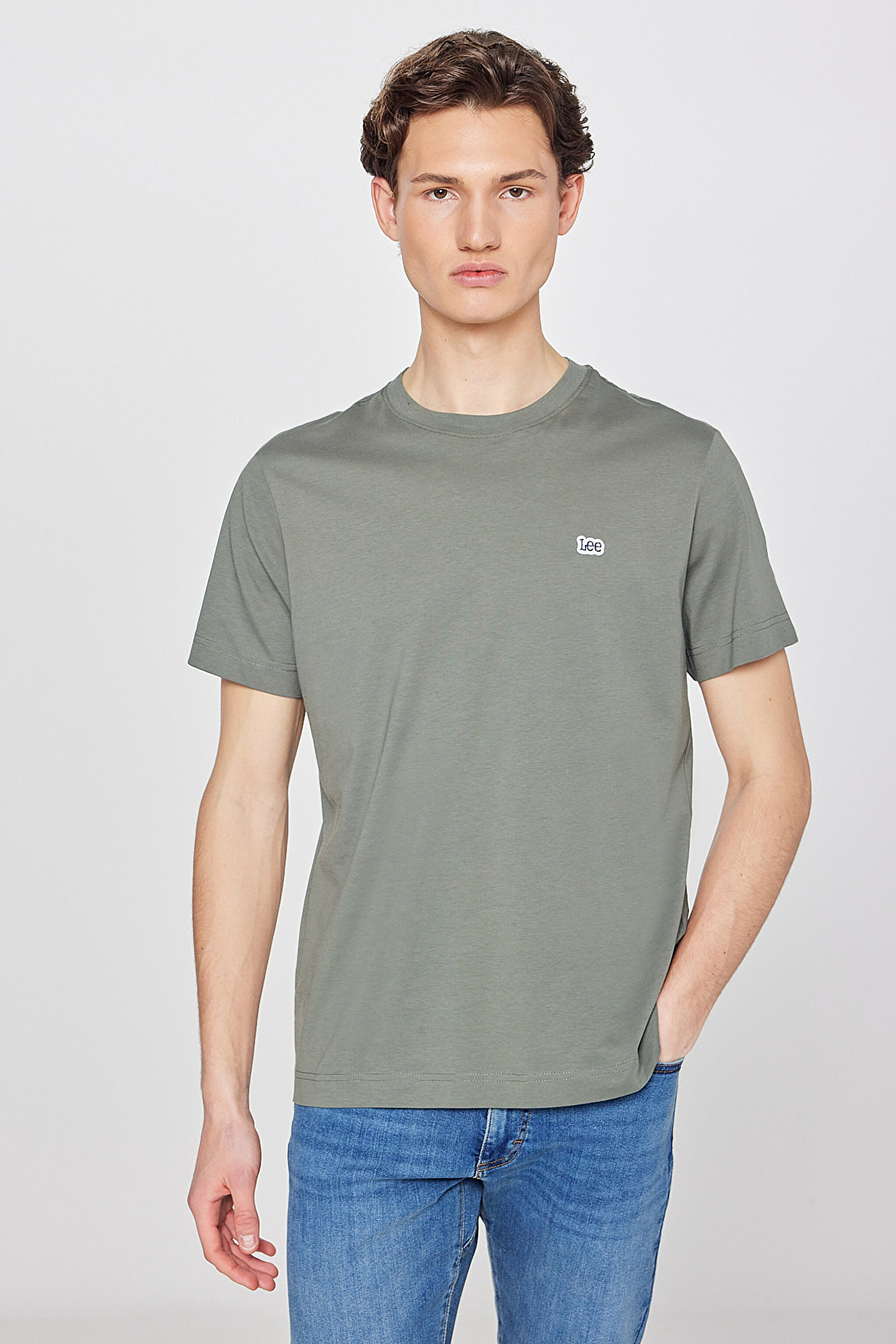 %100 Pamuk Regular Fit Normal Kesim Bisiklet Yaka Logo Detaylı Tişört - Khaki-L60UFQ801 (görsel 2)