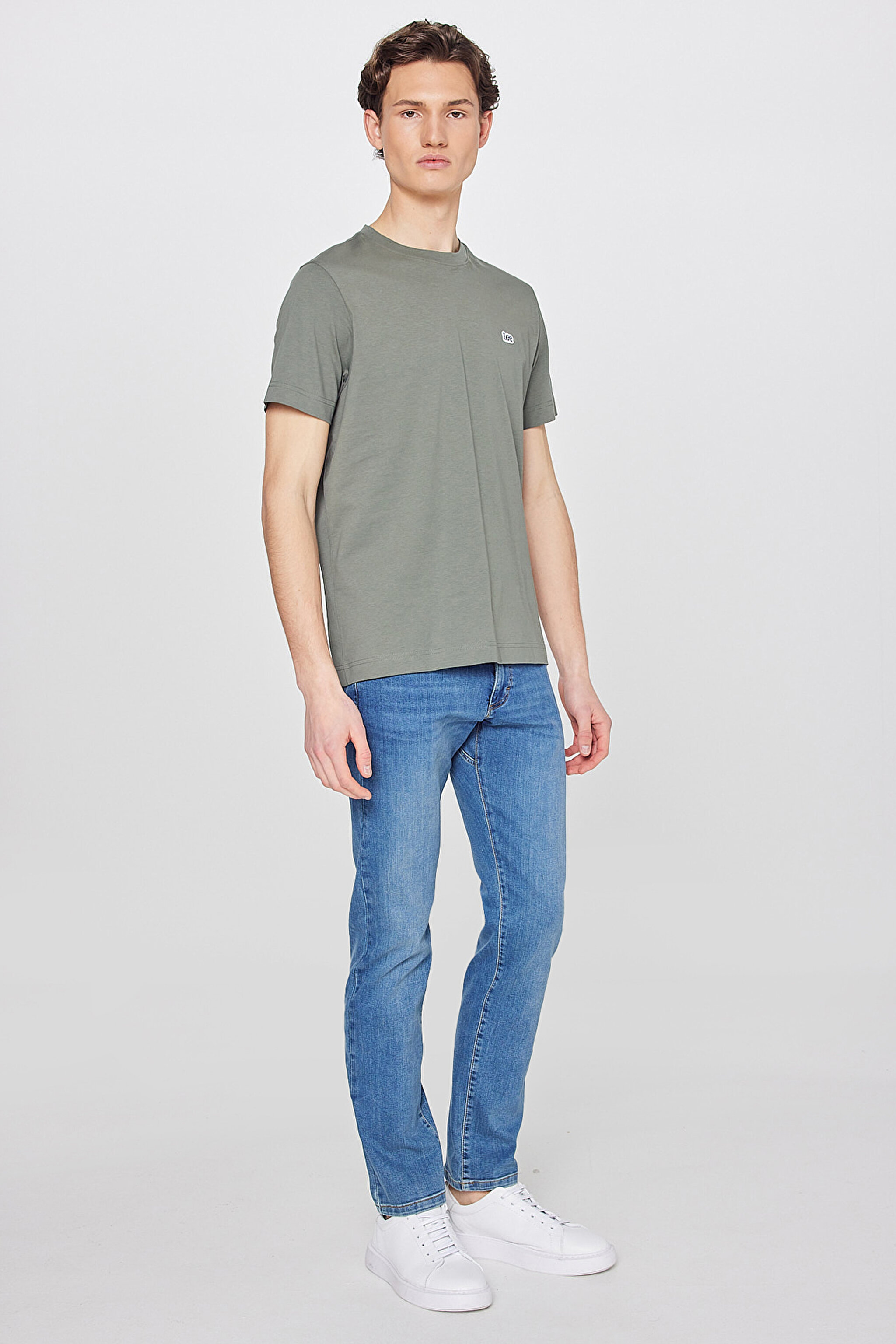 %100 Pamuk Regular Fit Normal Kesim Bisiklet Yaka Logo Detaylı Tişört - Khaki-L60UFQ801 (görsel 3)