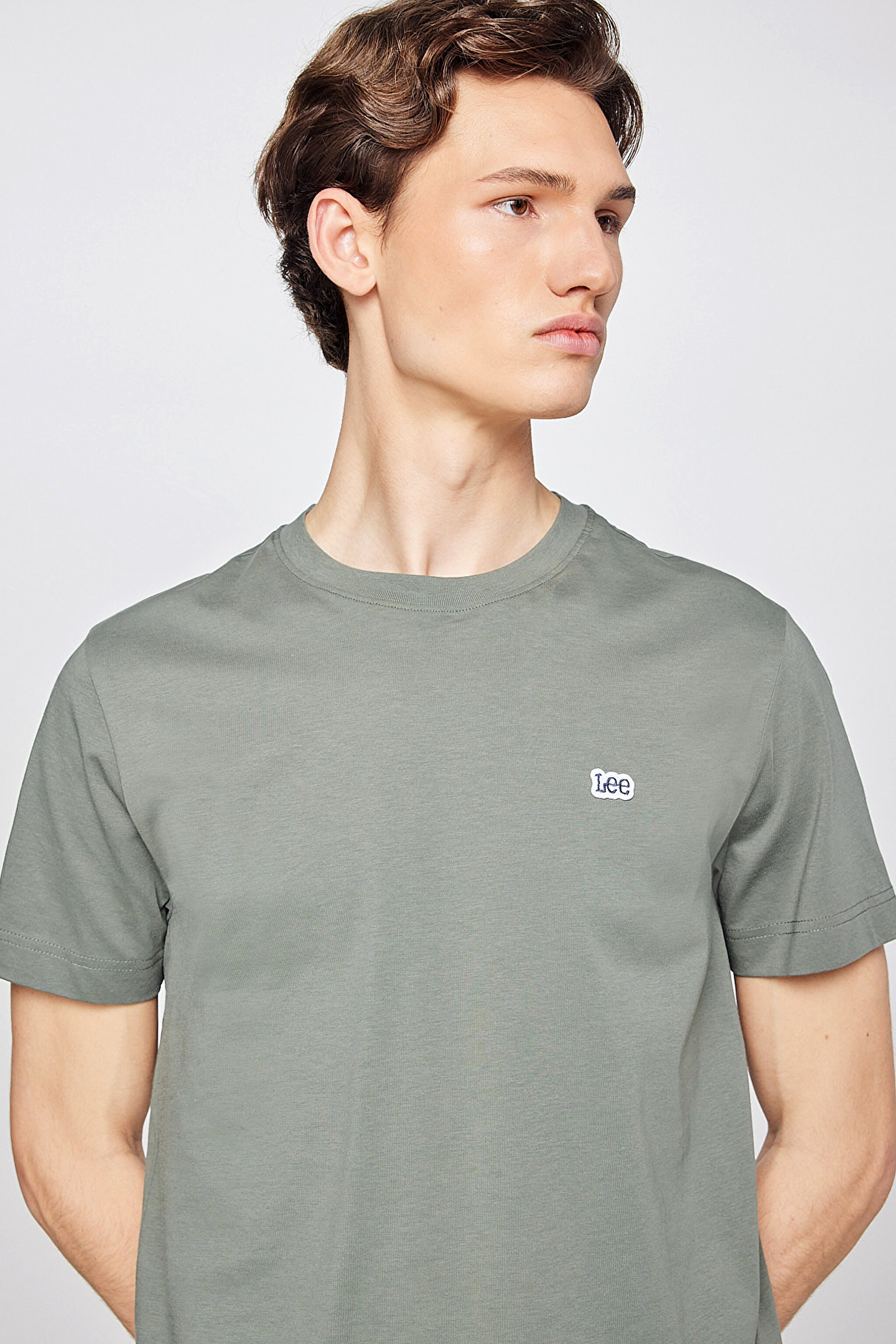 %100 Pamuk Regular Fit Normal Kesim Bisiklet Yaka Logo Detaylı Tişört - Khaki-L60UFQ801 (görsel 4)