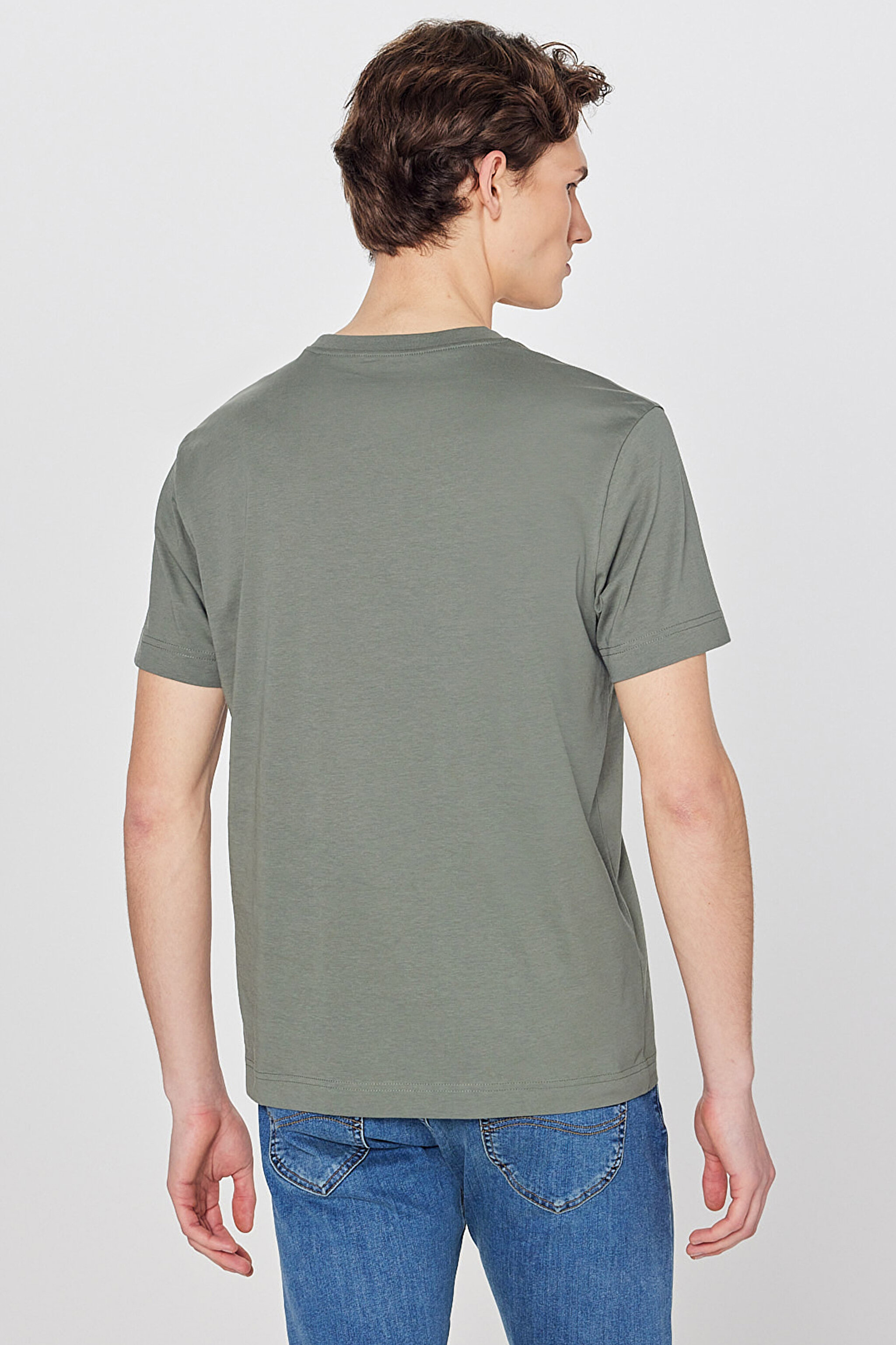%100 Pamuk Regular Fit Normal Kesim Bisiklet Yaka Logo Detaylı Tişört - Khaki-L60UFQ801 (görsel 5)
