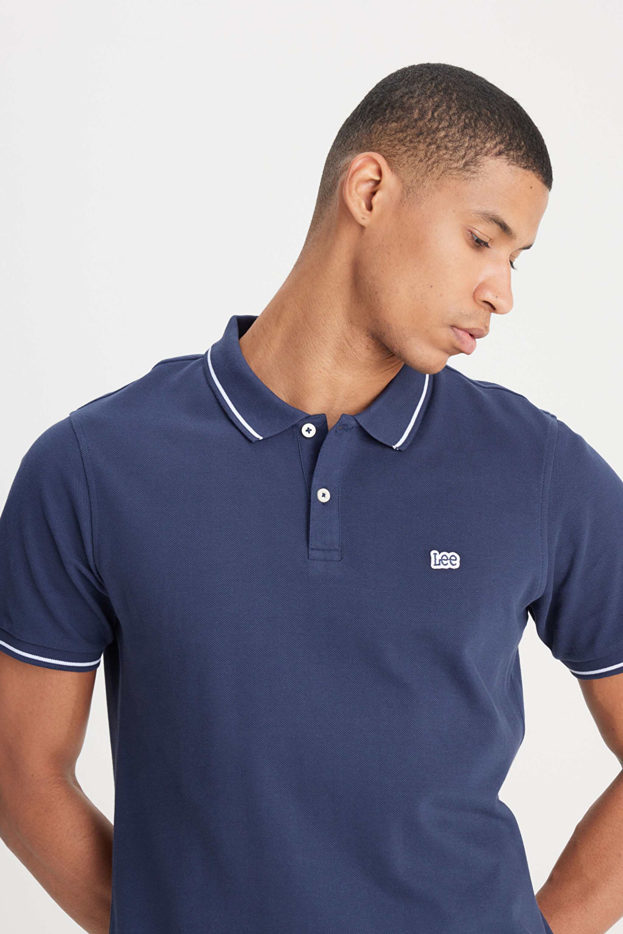 Slim Fit Dar Kesim Polo Yaka %100 Pamuk Tişört - Navy-L61ARL35 (görsel 2)