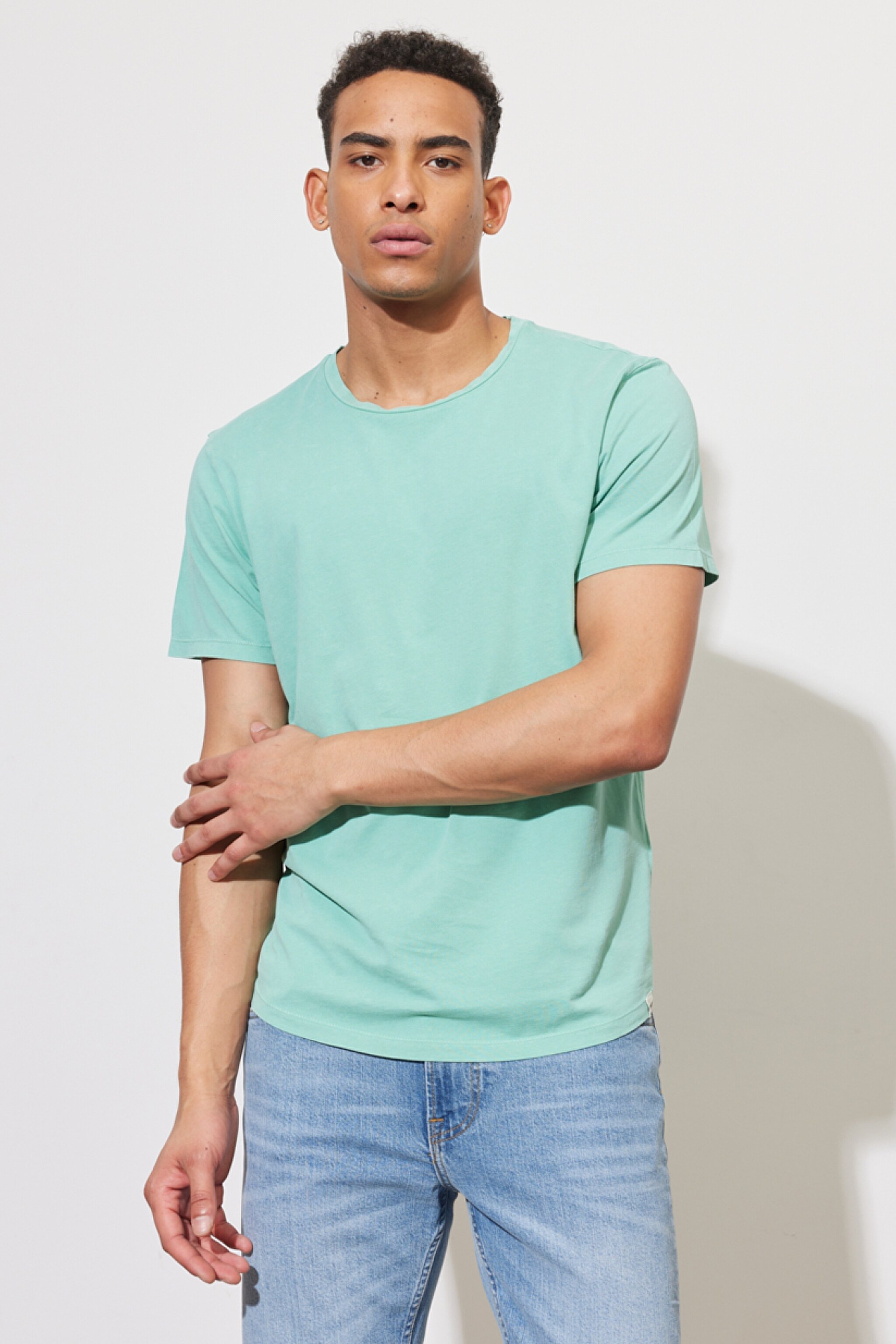 Regular Fit Normal Kesim %100 Pamuk Bisiklet Yaka Yeşil Tişört - Dusty Jade-L62JCK41