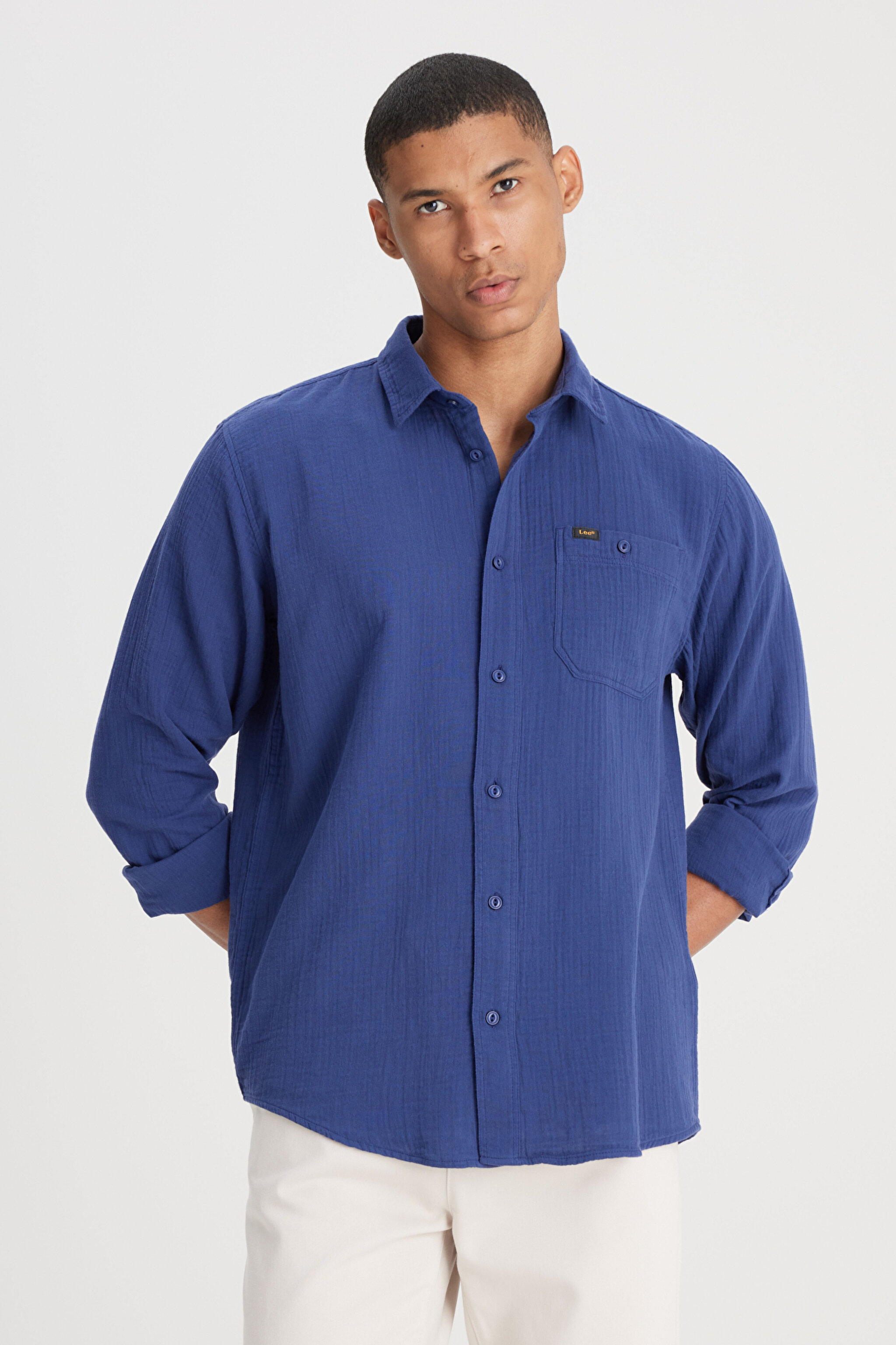 Relaxed Fit Geniş Kesim %100 Pamuk Lacivert Gömlek