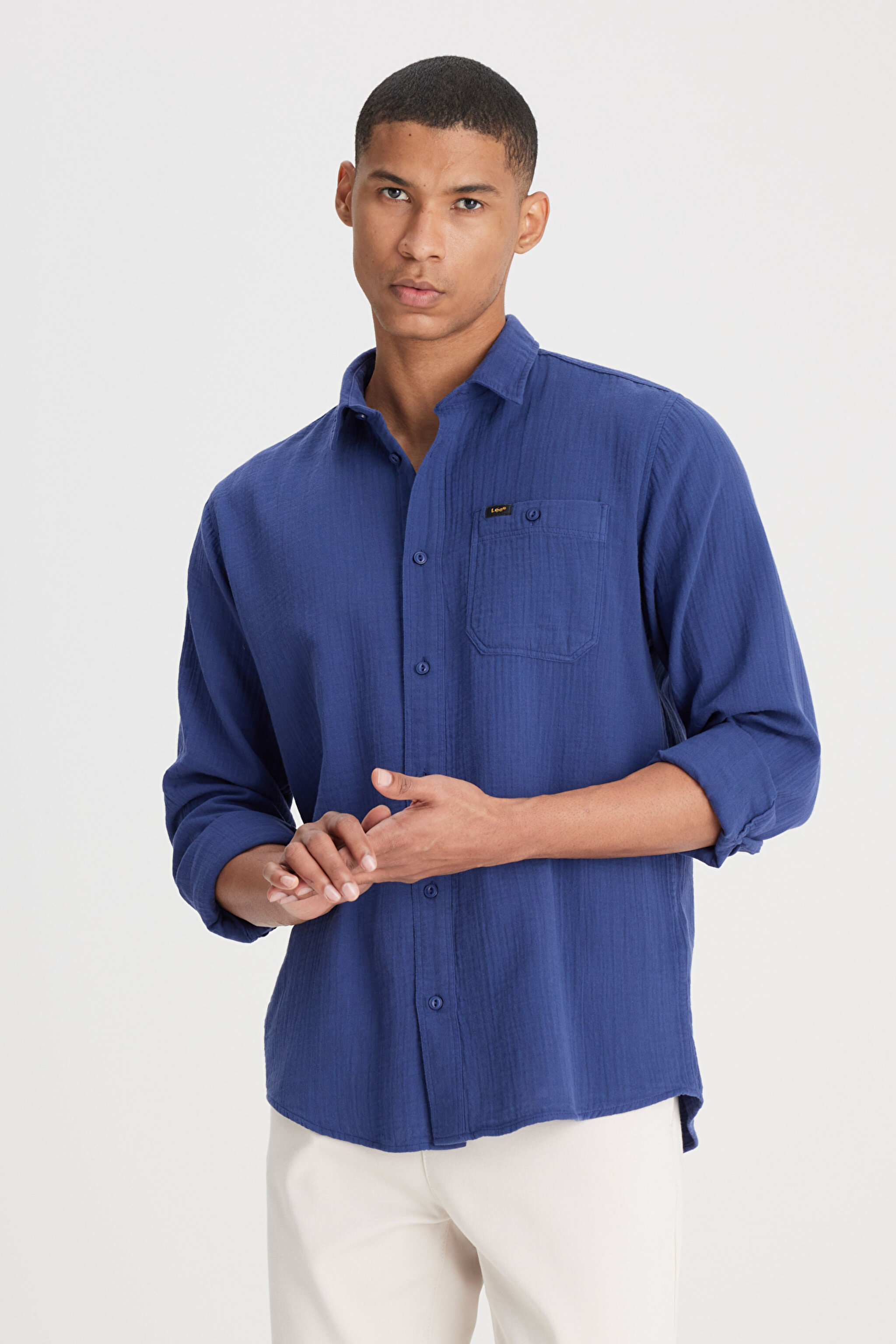 Relaxed Fit Geniş Kesim %100 Pamuk Lacivert Gömlek - Medieval Blue-L66N20529513 (görsel 2)