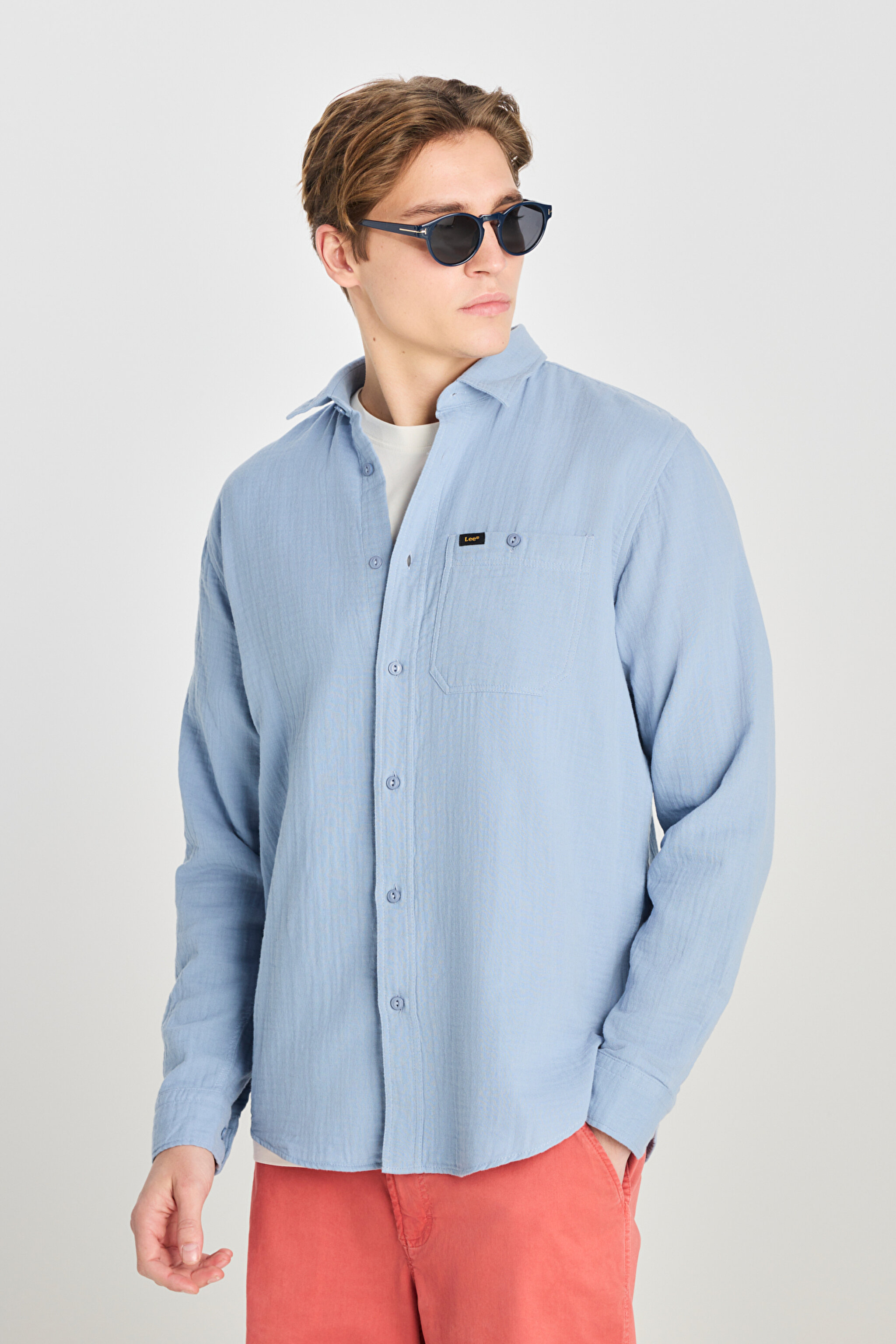 %100 Pamuk Relaxed Fit Geniş Kesim Mavi Müslin Gömlek - Blue-L66N205295400