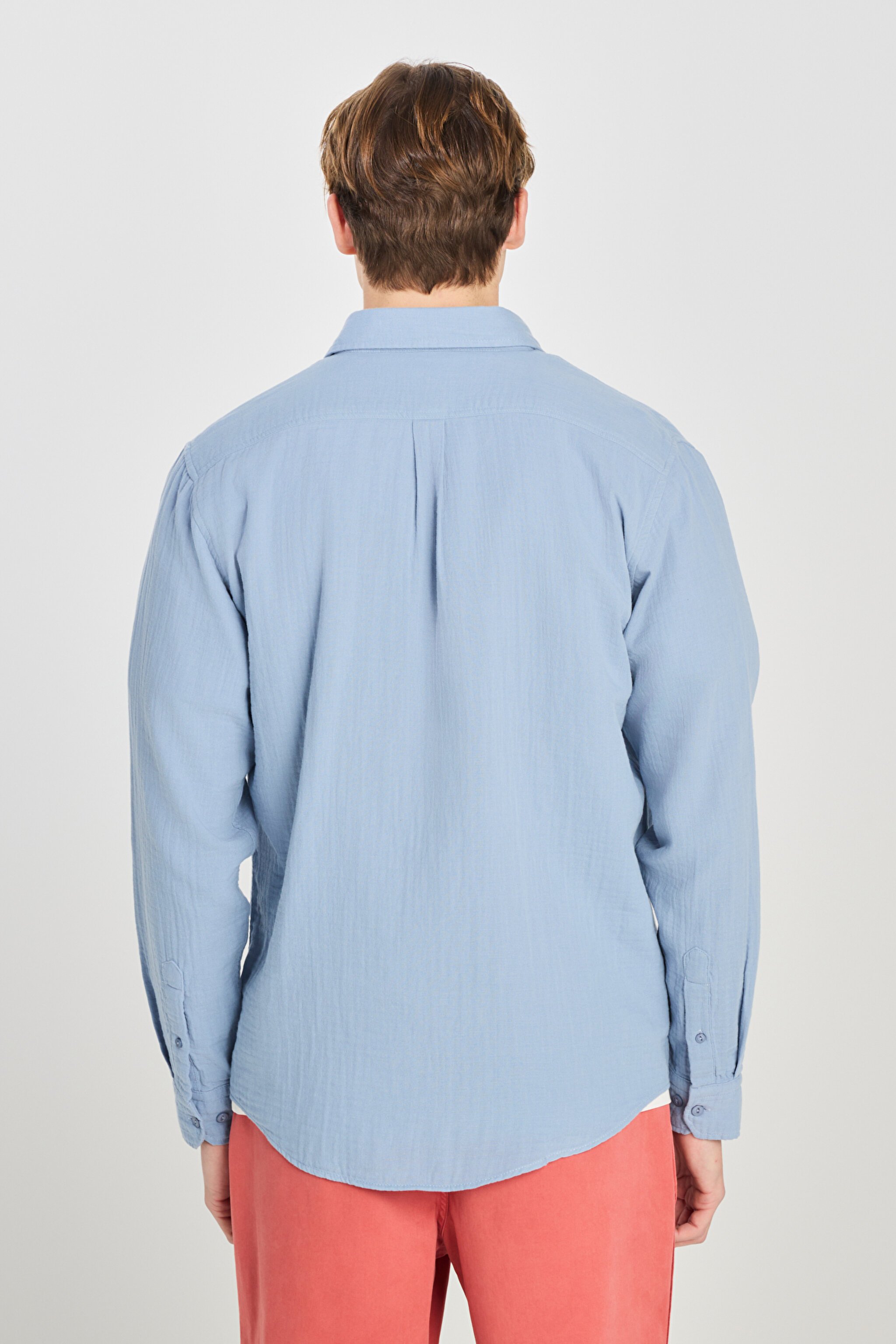 %100 Pamuk Relaxed Fit Geniş Kesim Mavi Müslin Gömlek - Blue-L66N205295400 (görsel 5)