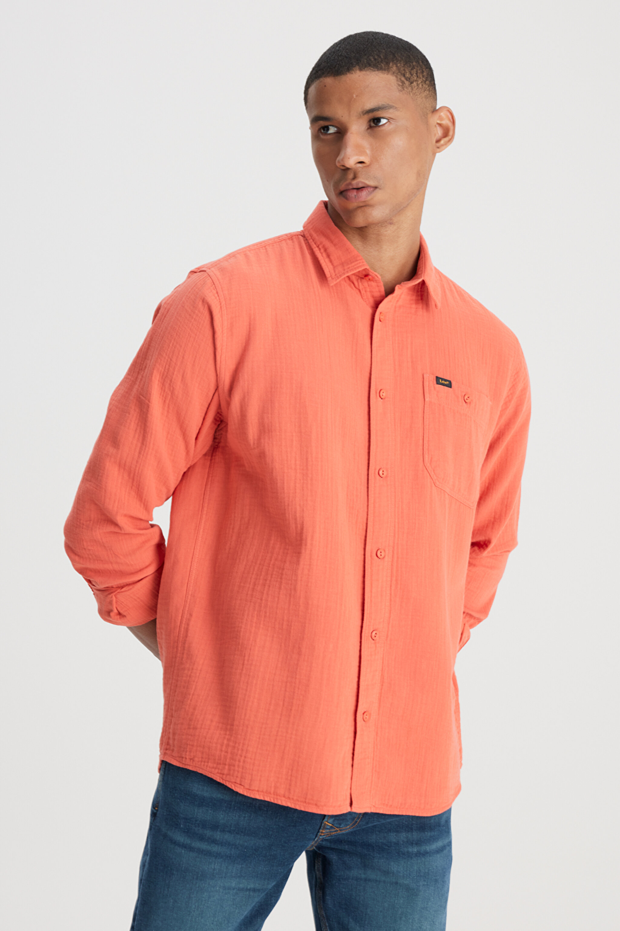 Relaxed Fit Geniş Kesim %100 Pamuk Turuncu Gömlek