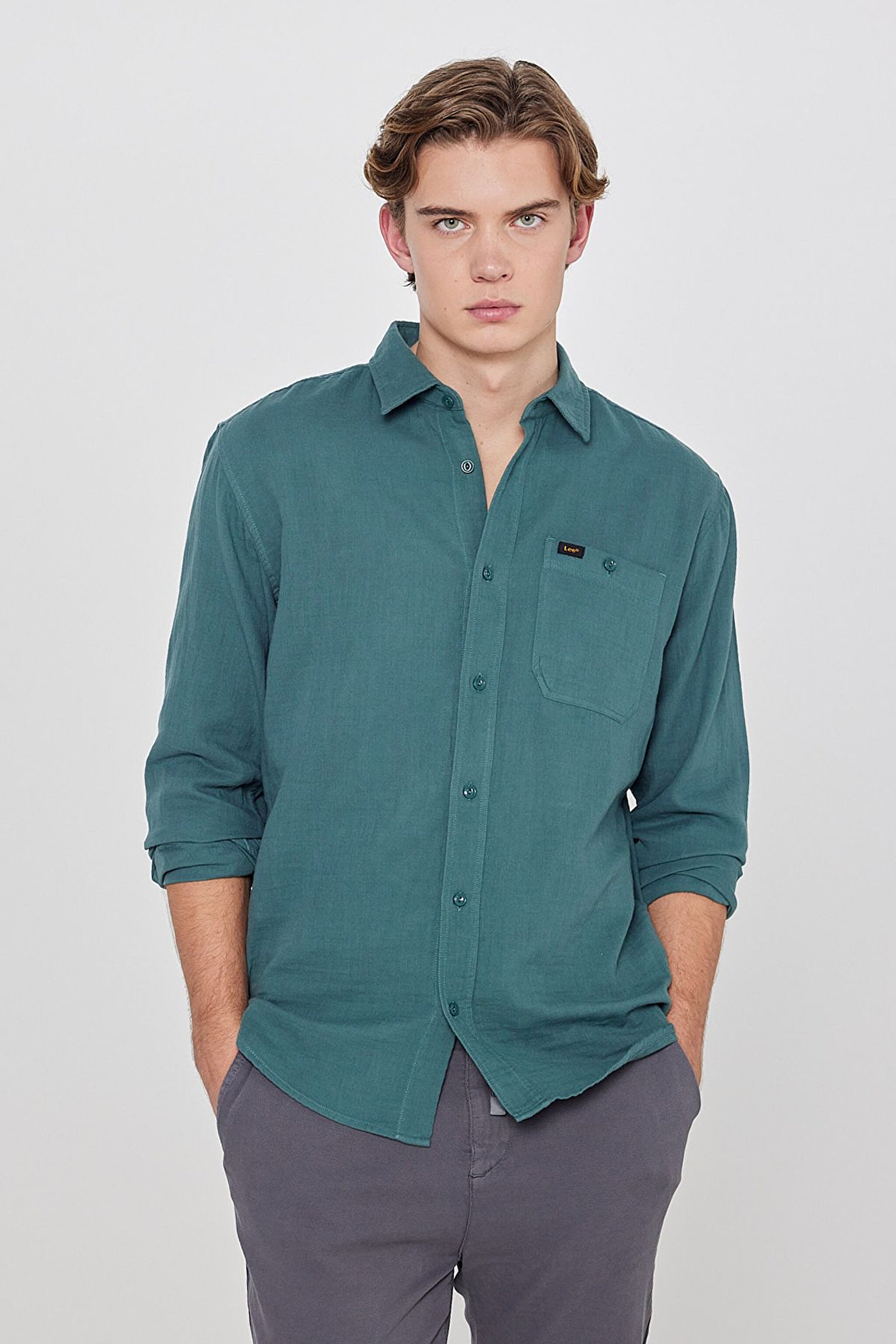 Relaxed Fit Geniş Kesim %100 Pamuk Yeşil Gömlek - Evergreen-L66N205295OT (görsel 2)