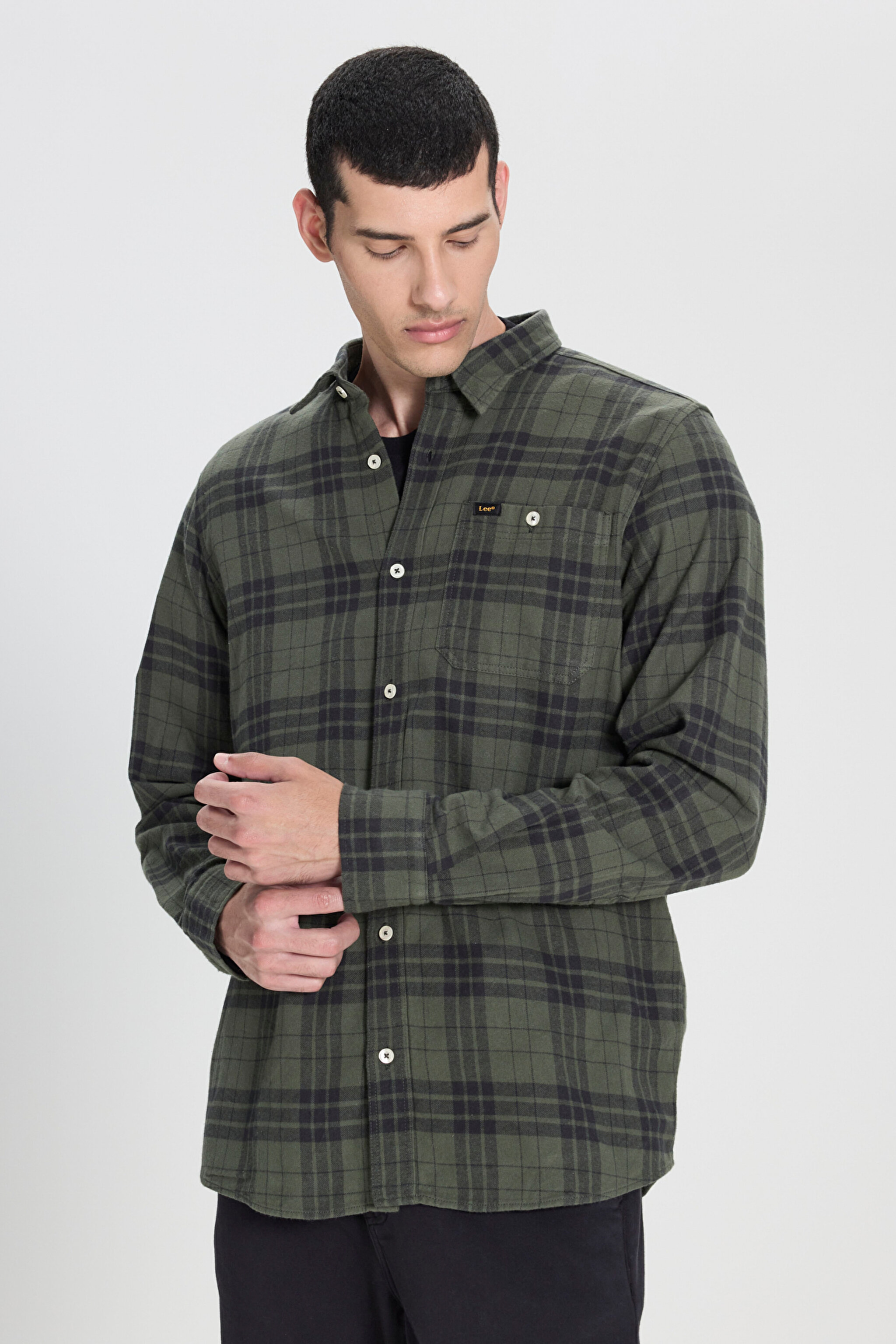 Regular Fit Normal Kesim %100 Pamuk Ekose Haki Uzun Kollu Gömlek - Olive Grove-L66NROA61