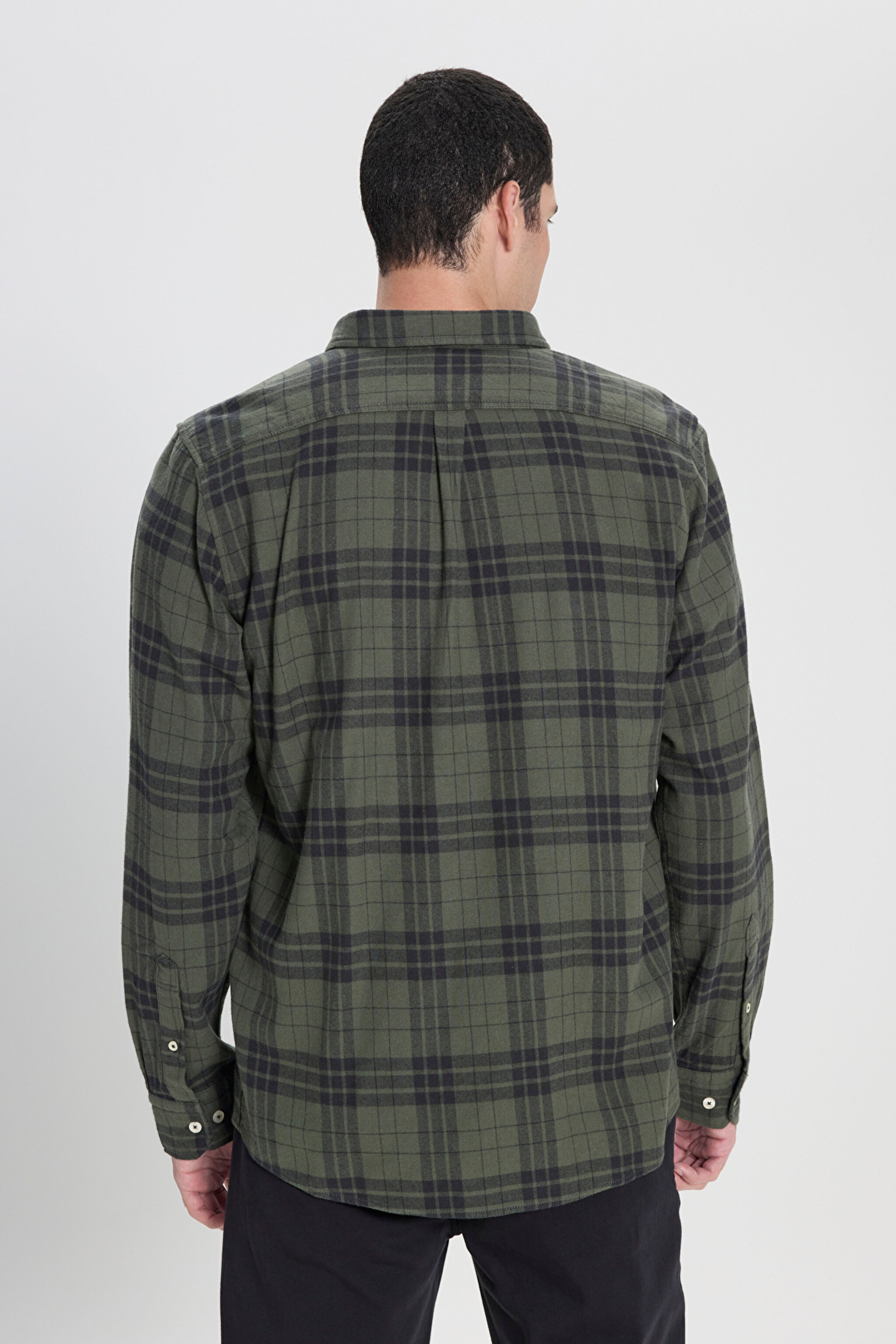 Regular Fit Normal Kesim %100 Pamuk Ekose Haki Uzun Kollu Gömlek - Olive Grove-L66NROA61 (görsel 3)