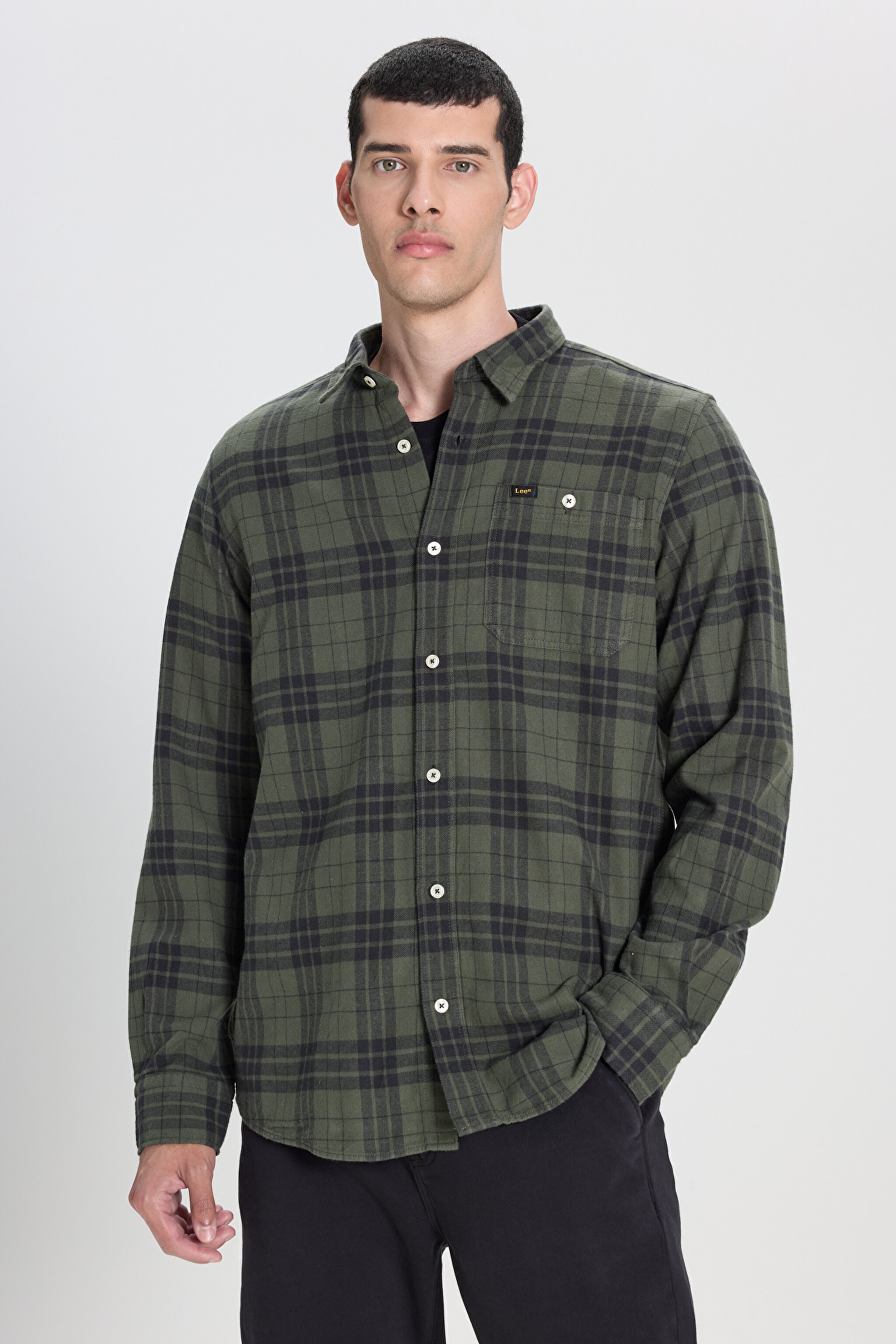 Regular Fit Normal Kesim %100 Pamuk Ekose Haki Uzun Kollu Gömlek - Olive Grove-L66NROA61 (görsel 4)