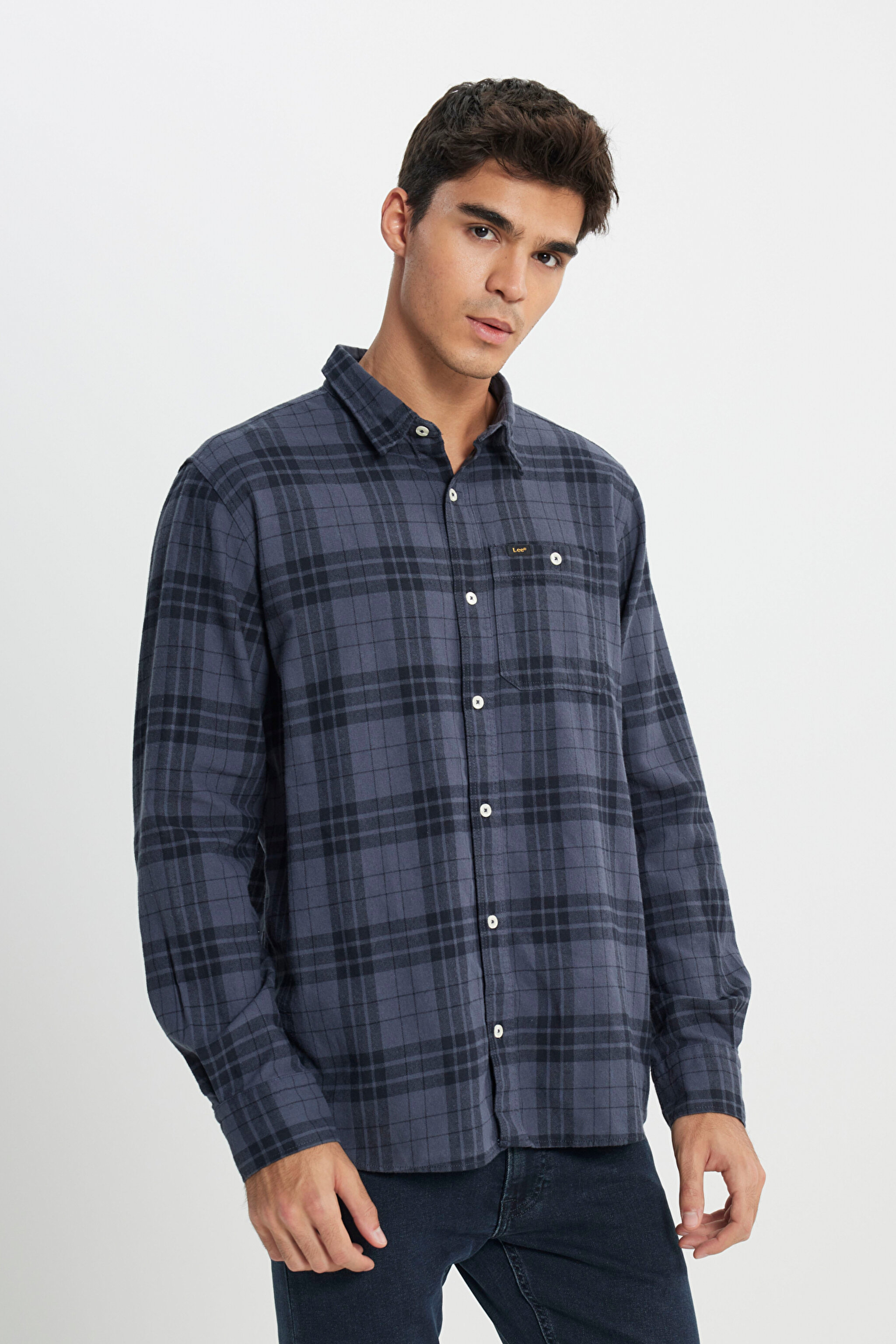Regular Fit Normal Kesim %100 Pamuk Ekose Mavi Uzun Kollu Gömlek - Taint Grey-L66NROA66 (görsel 3)