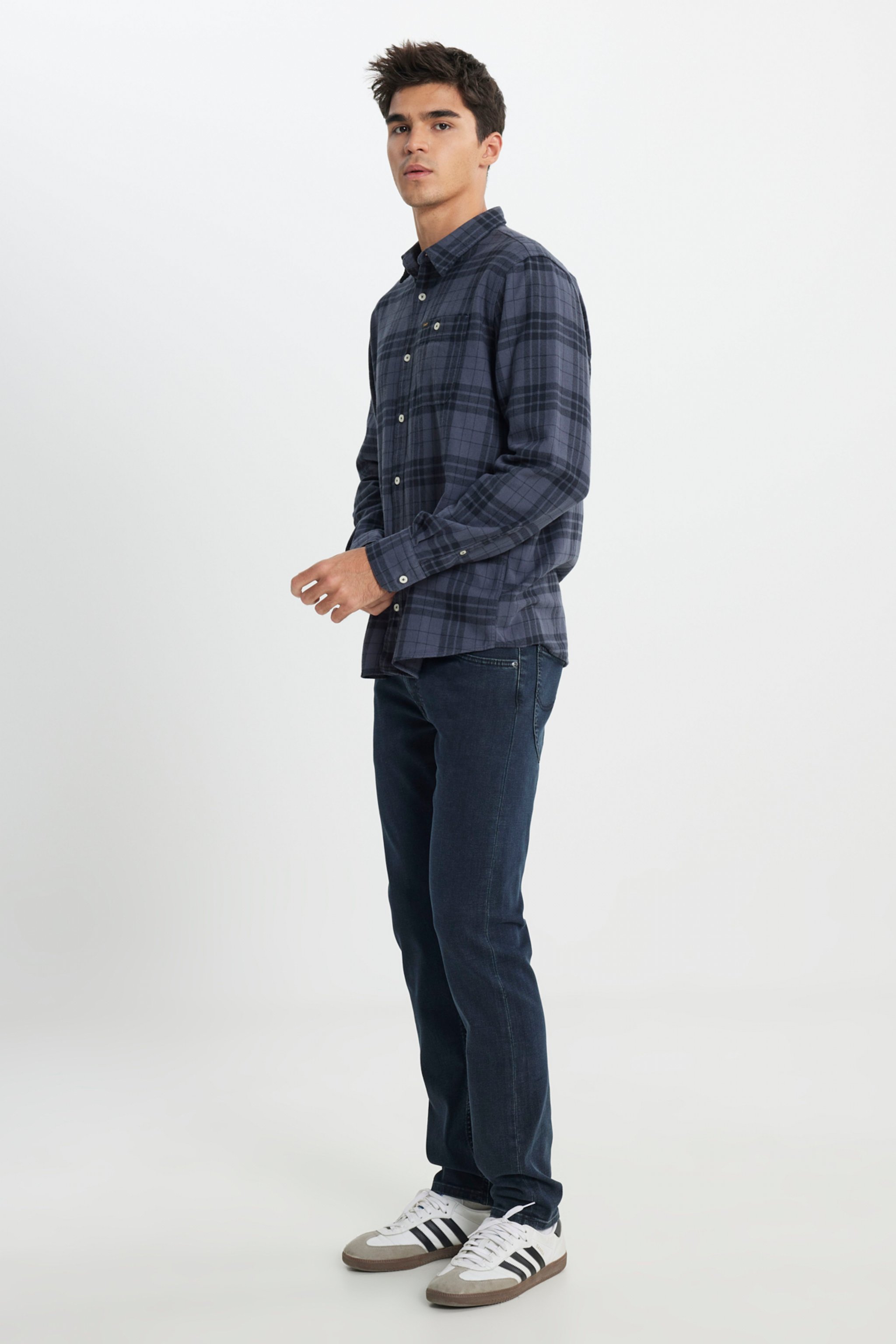 Regular Fit Normal Kesim %100 Pamuk Ekose Mavi Uzun Kollu Gömlek - Taint Grey-L66NROA66 (görsel 4)