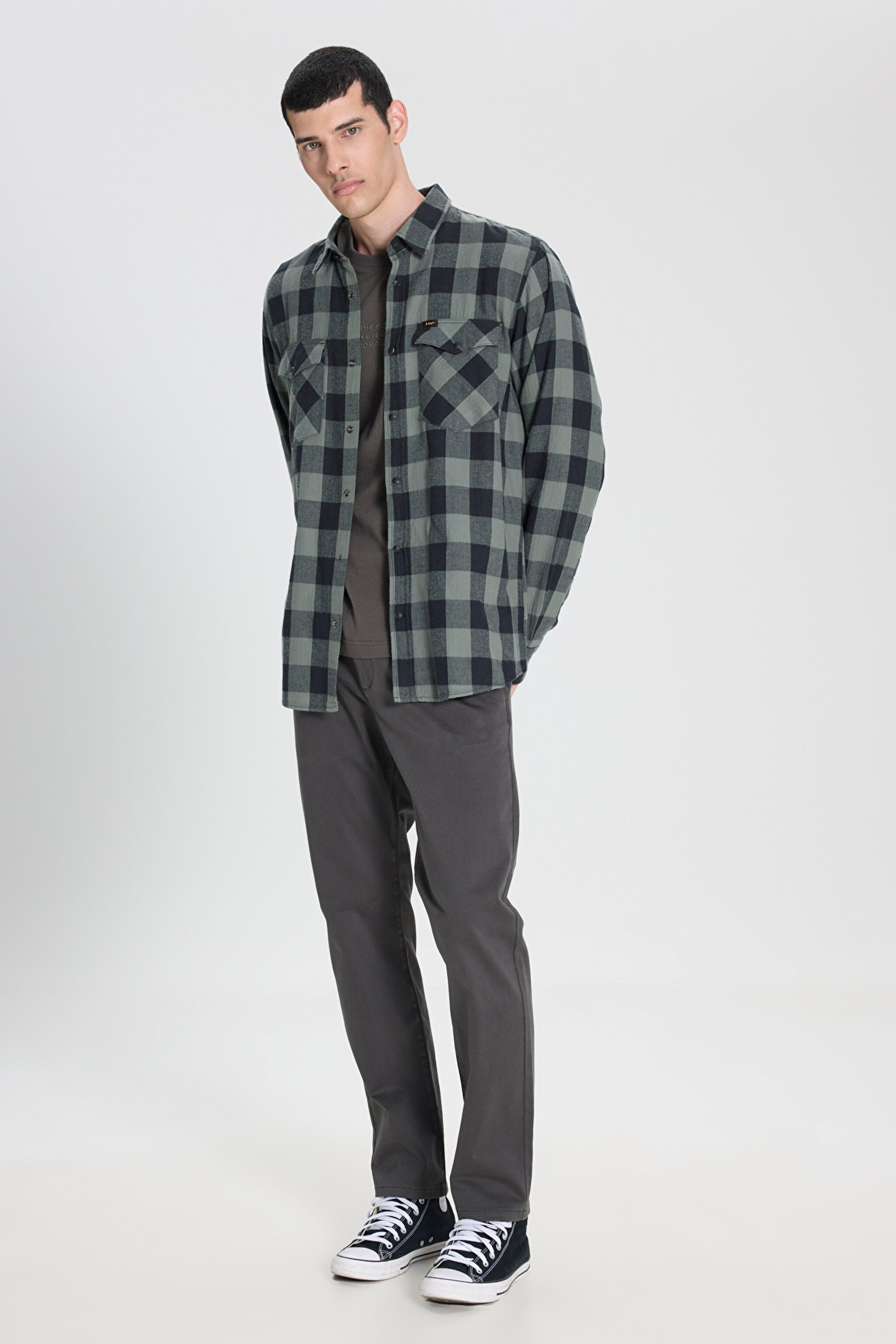 Regular Fit Normal Kesim %100 Pamuk Ekose Haki Siyah Uzun Kollu Gömlek - Fort Green-L66RRRA15 (görsel 3)