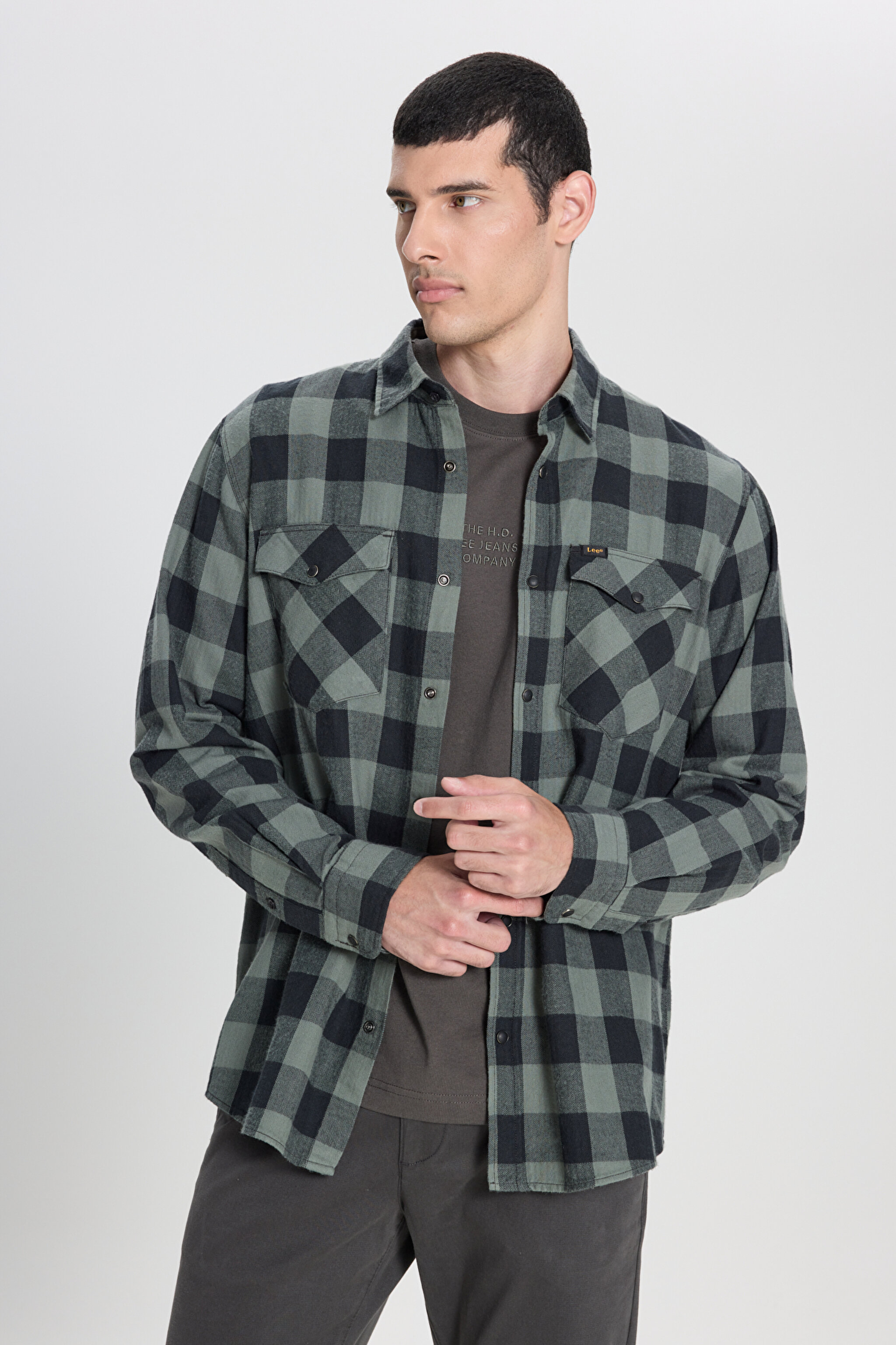 Regular Fit Normal Kesim %100 Pamuk Ekose Haki Siyah Uzun Kollu Gömlek - Fort Green-L66RRRA15 (görsel 4)