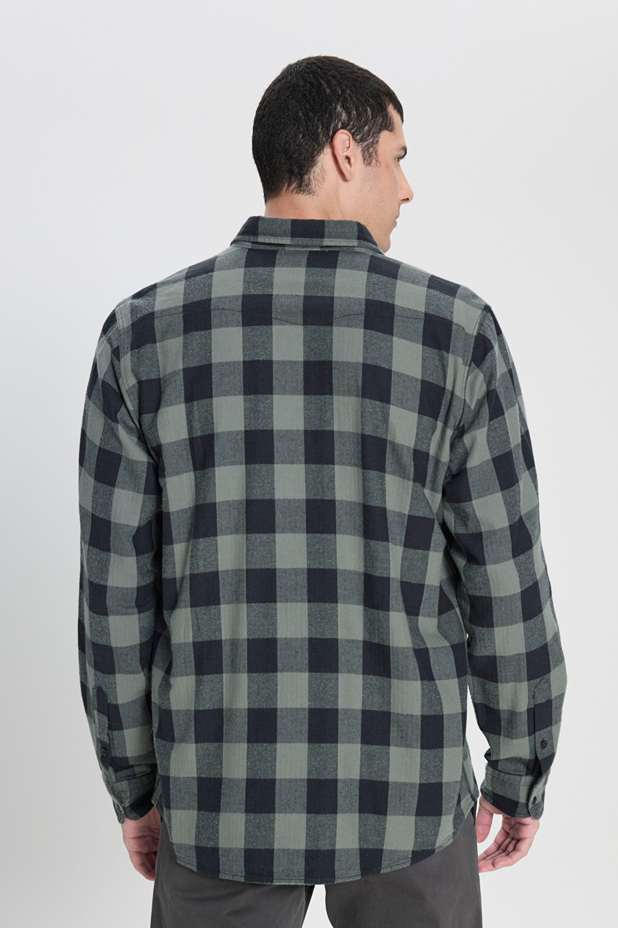 Regular Fit Normal Kesim %100 Pamuk Ekose Haki Siyah Uzun Kollu Gömlek - Fort Green-L66RRRA15 (görsel 5)