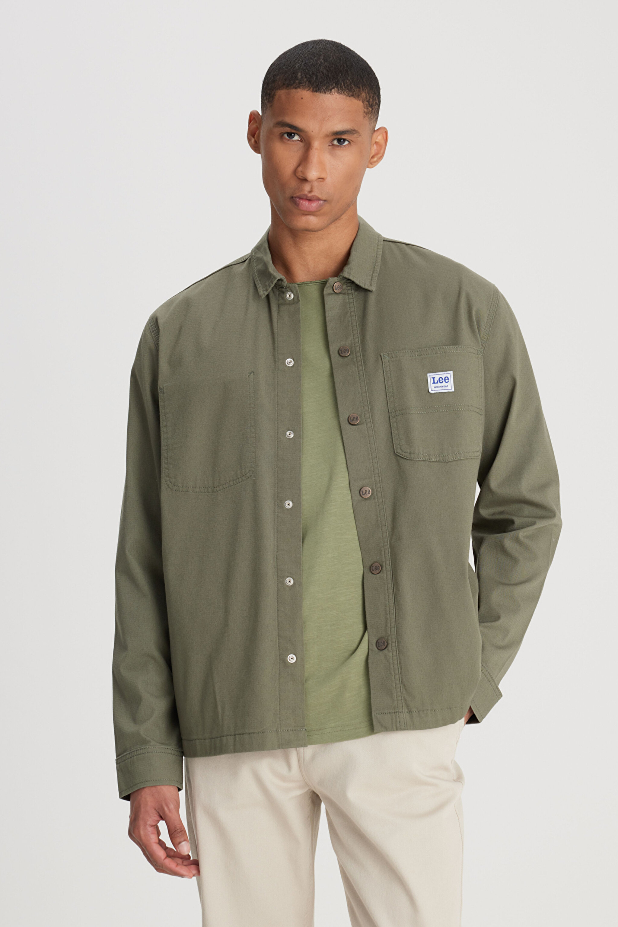 Relaxed Fit Geniş Kesim Zeytin Yeşili Gömlek