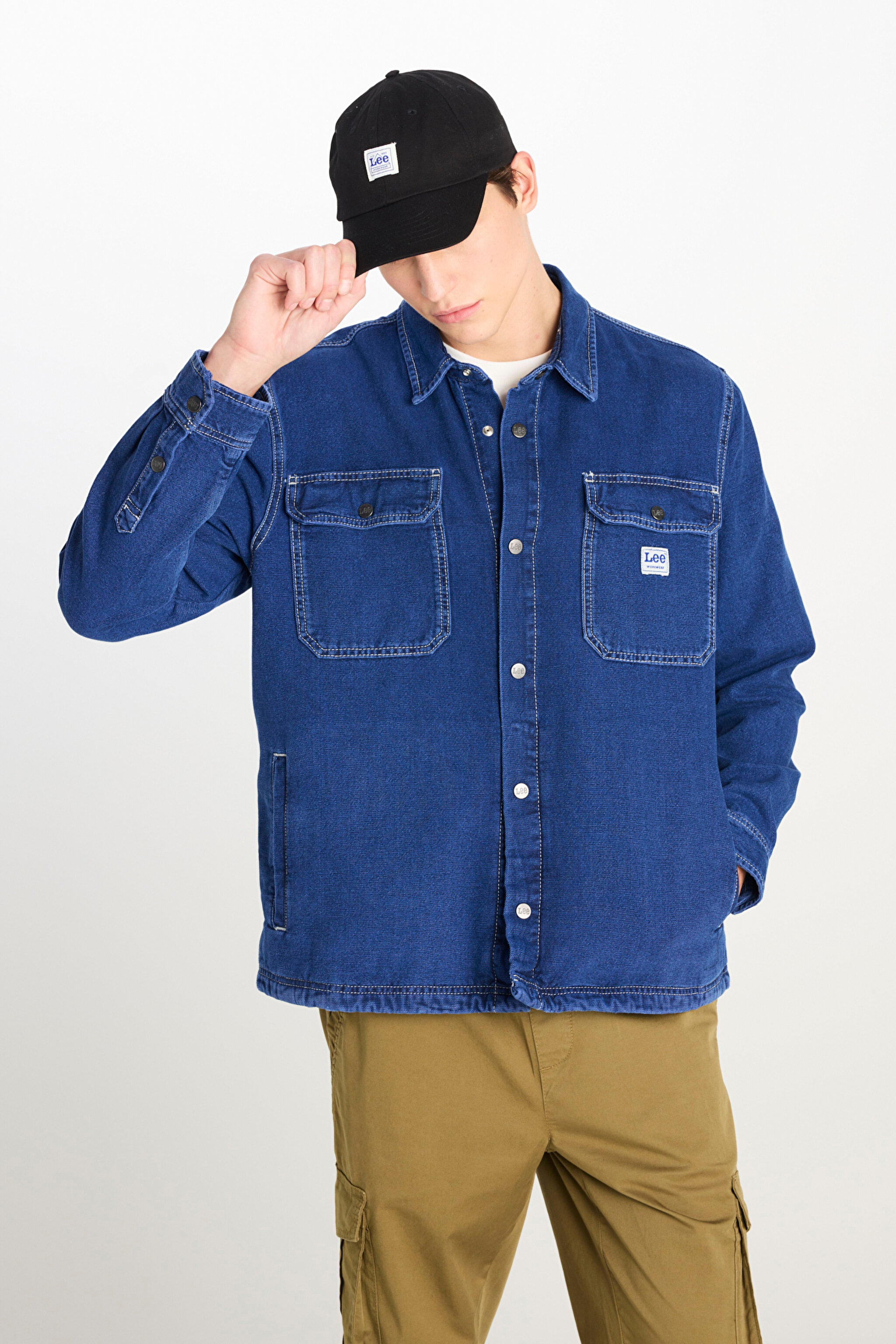 Relaxed Fit Geniş Kesim Mavi Gömlek - Medium Worn Wash-L68D5556591 (görsel 3)