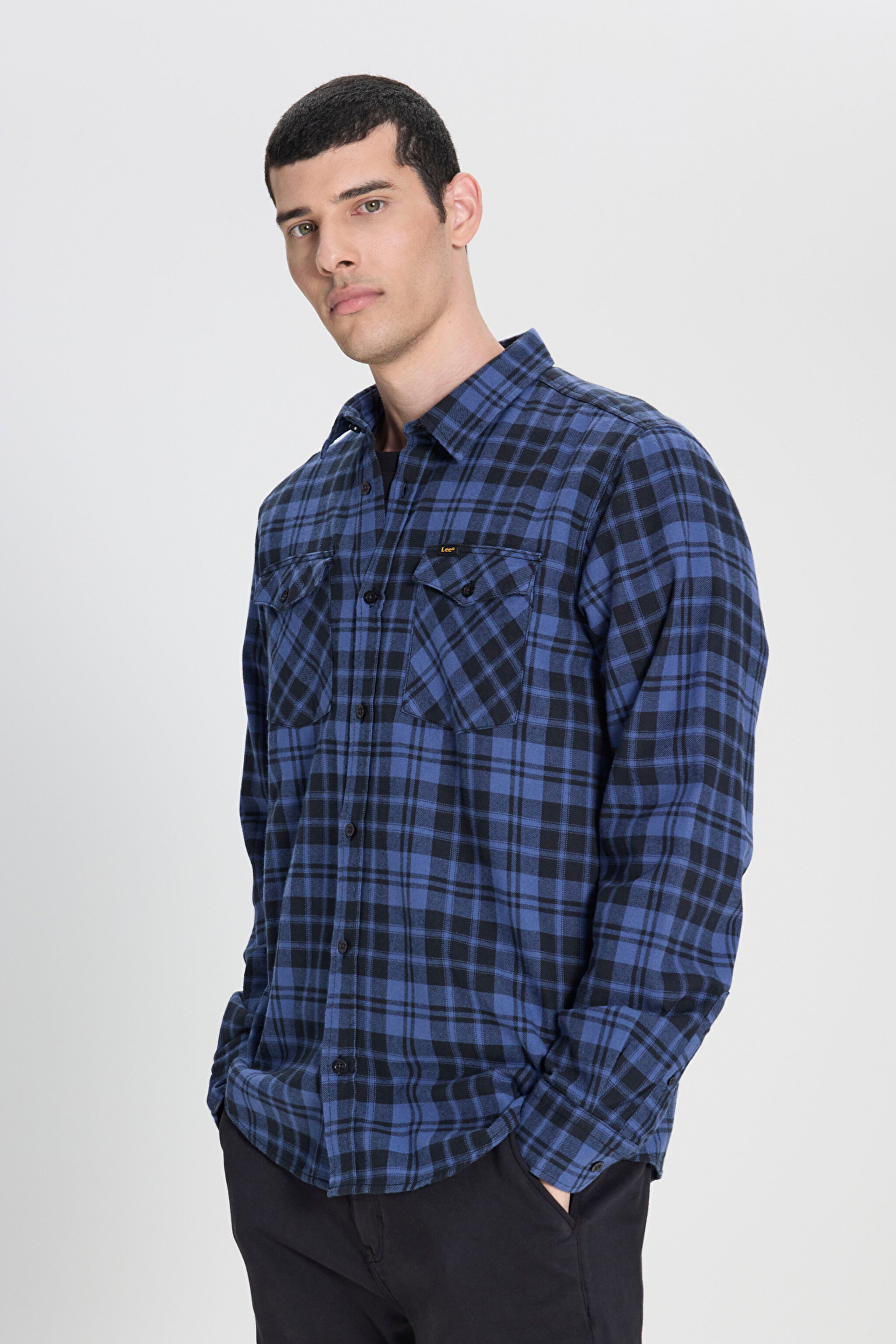 Regular Fit Normal Kesim %100 Pamuk Ekose Mavi Siyah Gömlek - Black-L69HTM01