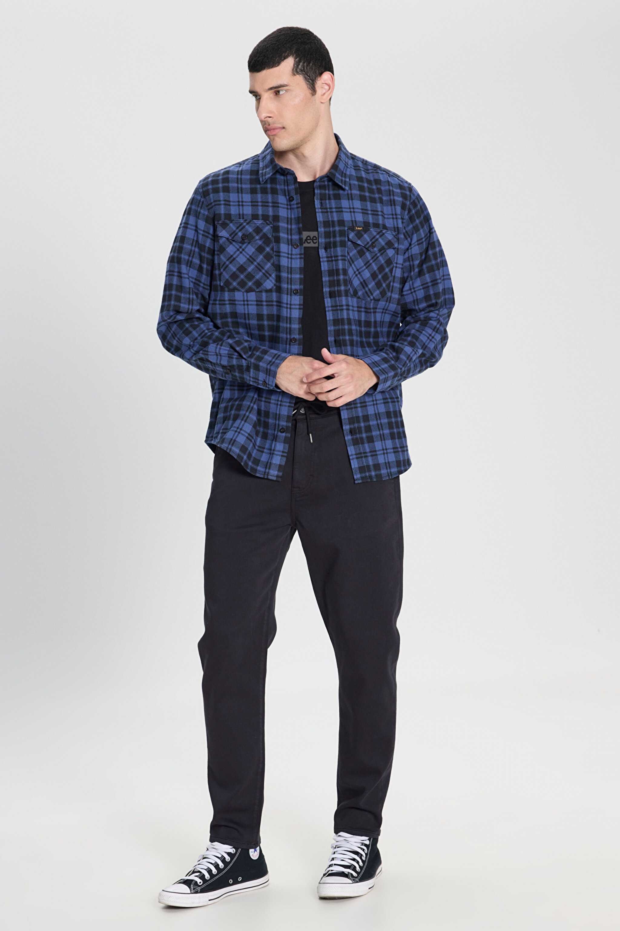 Regular Fit Normal Kesim %100 Pamuk Ekose Mavi Siyah Gömlek - Black-L69HTM01 (görsel 3)