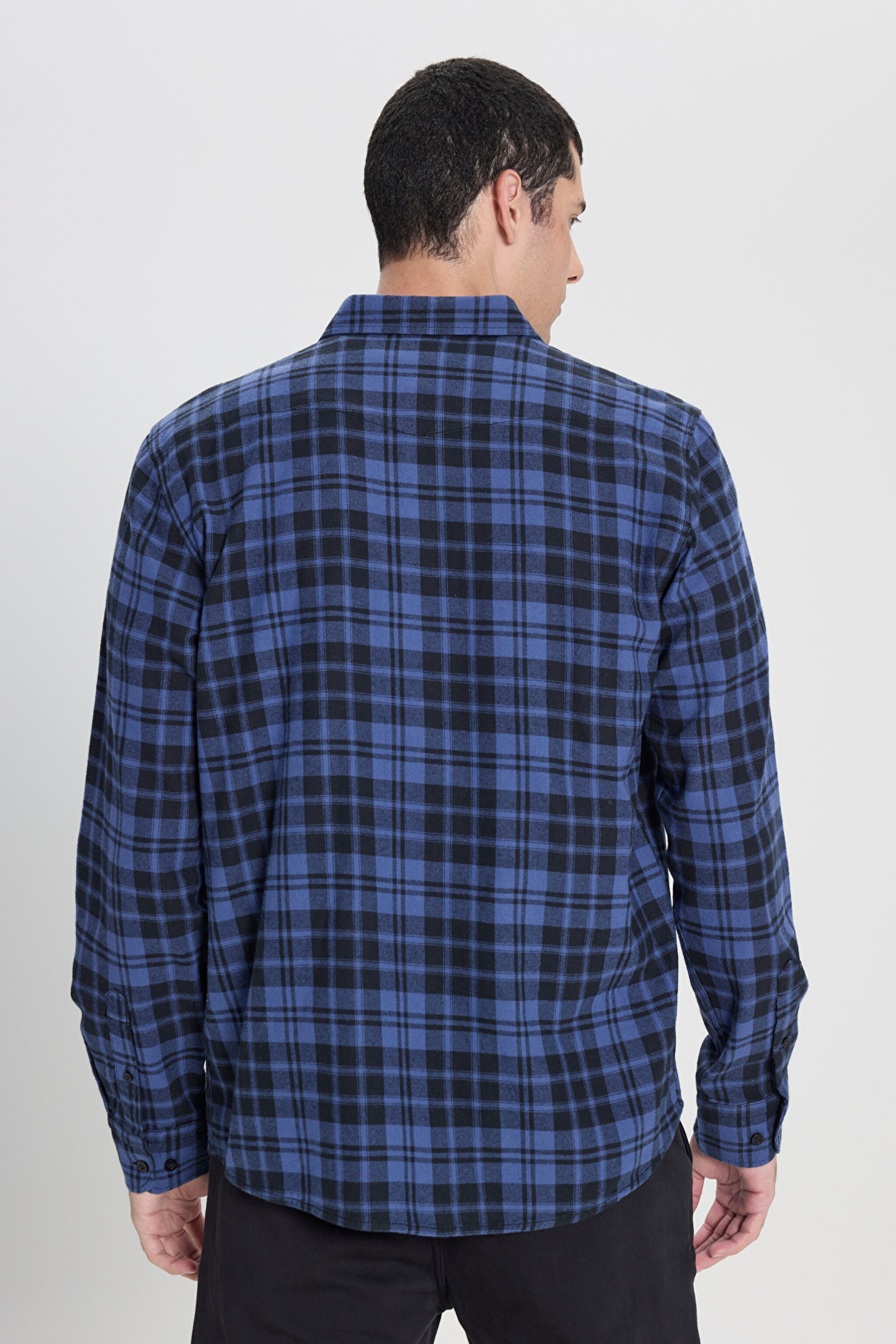 Regular Fit Normal Kesim %100 Pamuk Ekose Mavi Siyah Gömlek - Black-L69HTM01 (görsel 5)