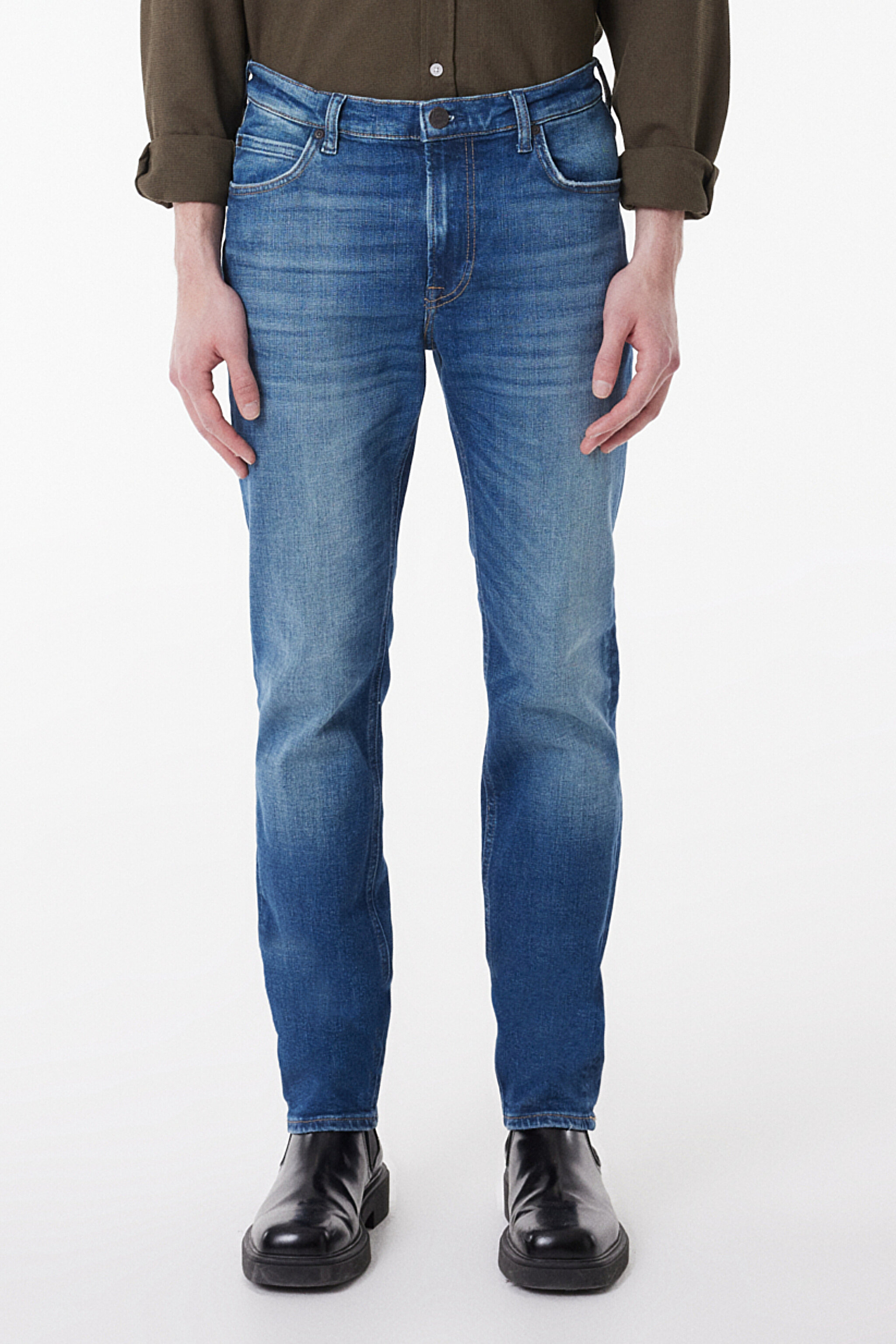 Slim Fit Dar Kesim Normal Bel Mavi Esnek Rider Jean Denim Kot Pantolon - Mid Blue-L701065XT (görsel 4)
