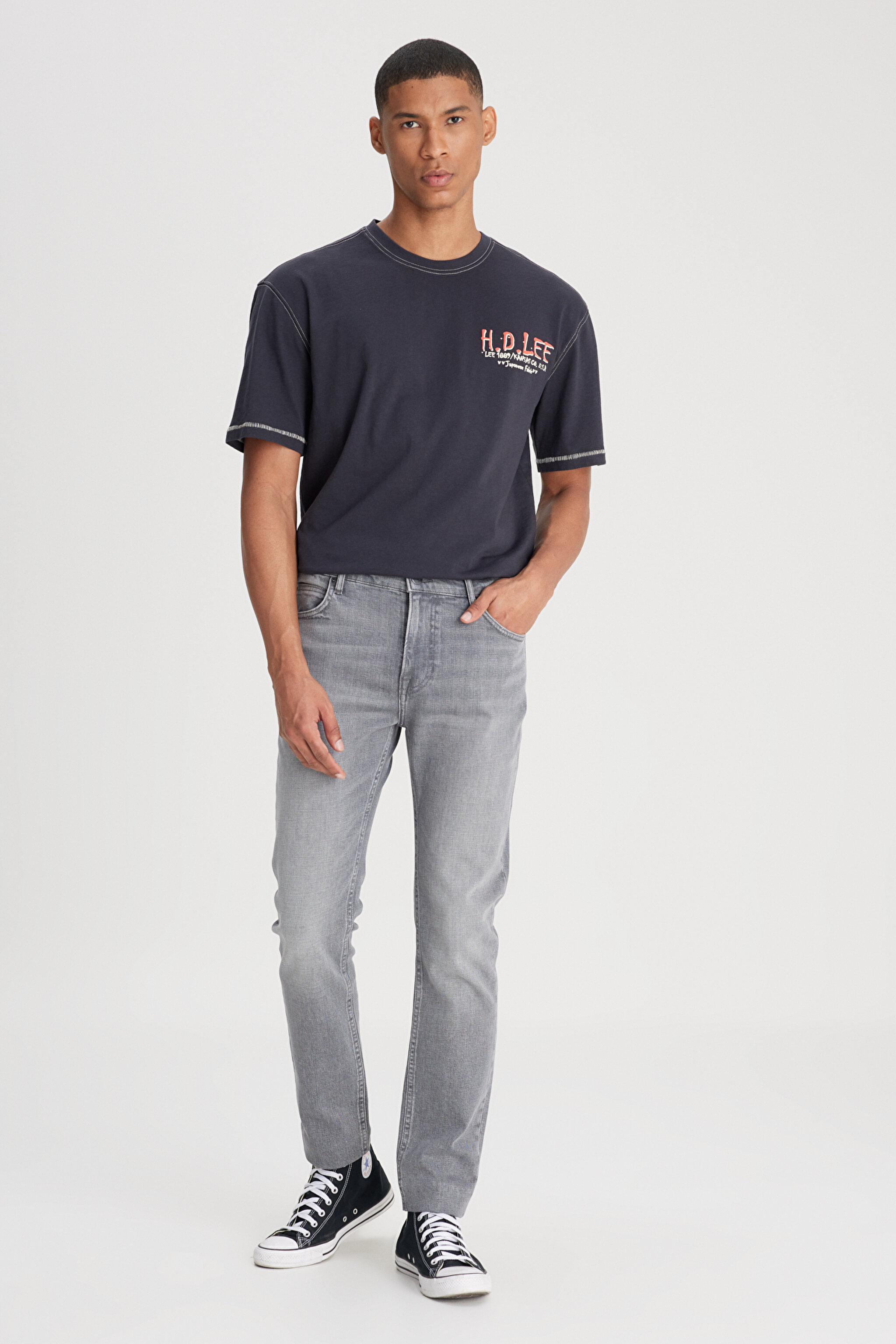 Slim Fit Dar Kesim Normal Bel Dar Paça Rider Açık Gri Jean Kot Pantolon - Worn in Mid Grey-L701201942F59 (görsel 2)