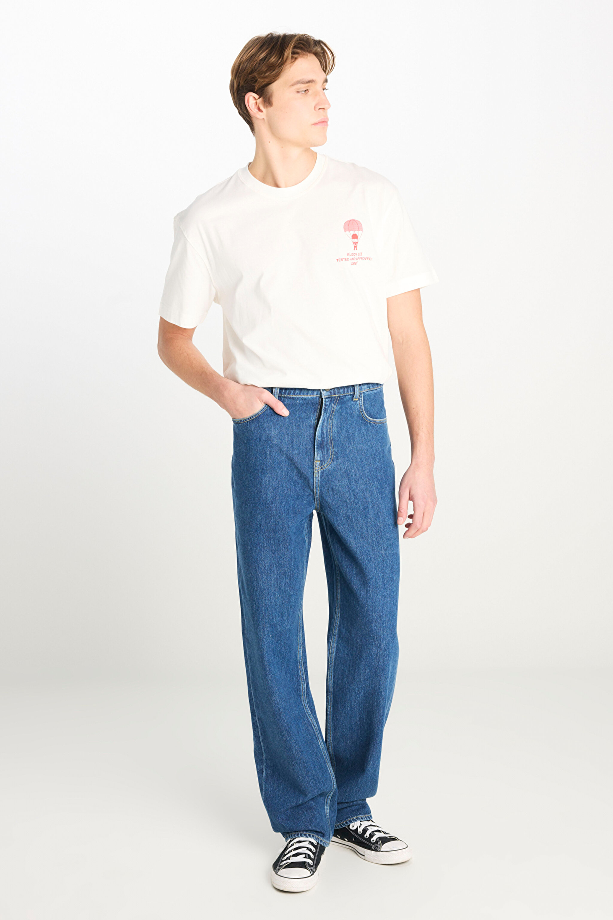 %100 Pamuk Asher Loose Fit Geniş Kesim Geniş Paça Mavi Jean Denim Pantolon - Mid Indigo-L70E00001381 (görsel 2)