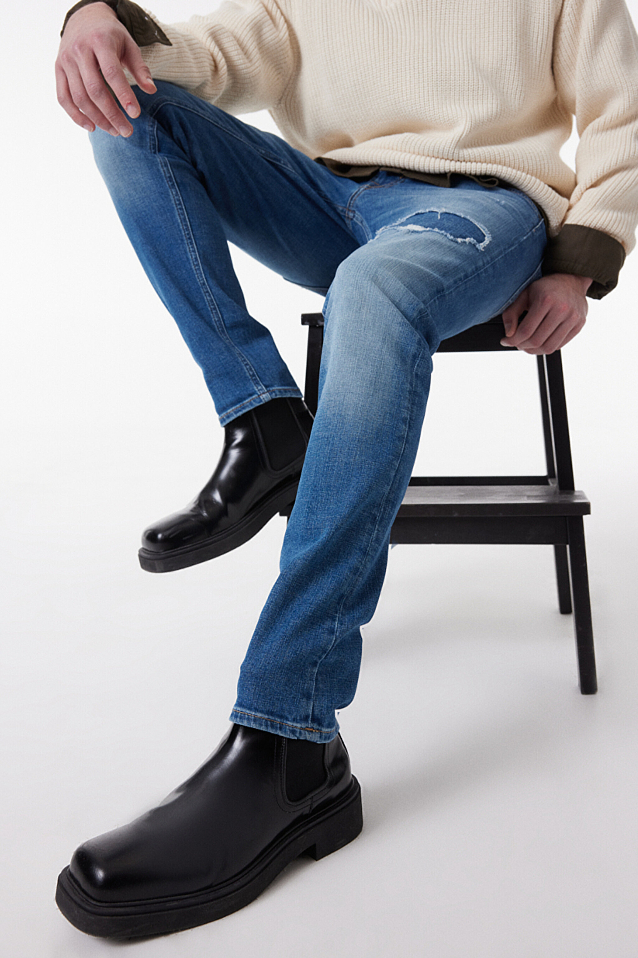 Slim Fit Dar Kesim Normal Bel Taşlamalı Mavi Esnek Luke Jean Denim Kot Pantolon - Stone-L71911858 (görsel 2)