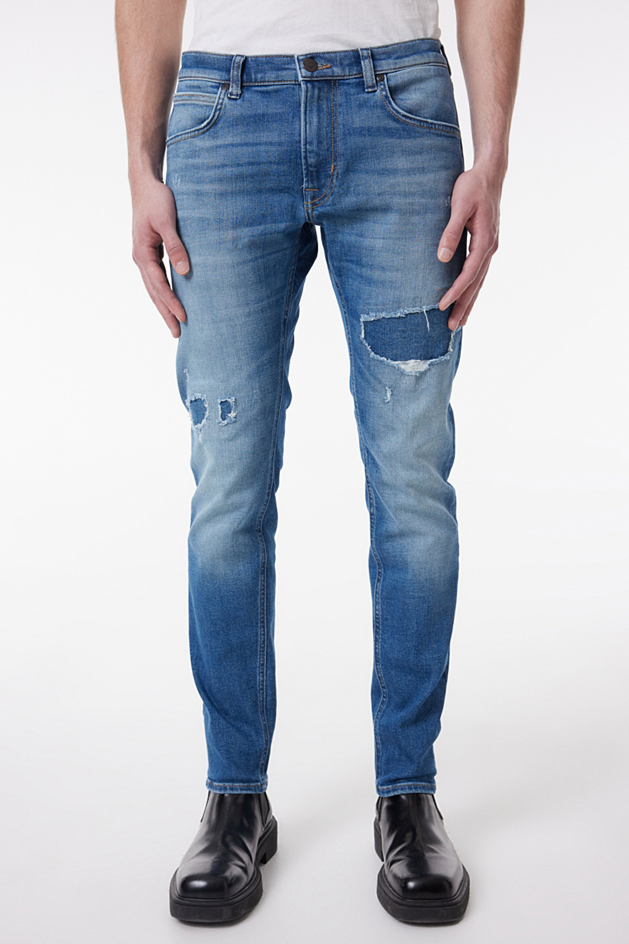 Slim Fit Dar Kesim Normal Bel Taşlamalı Mavi Esnek Luke Jean Denim Kot Pantolon - Stone-L71911858 (görsel 4)
