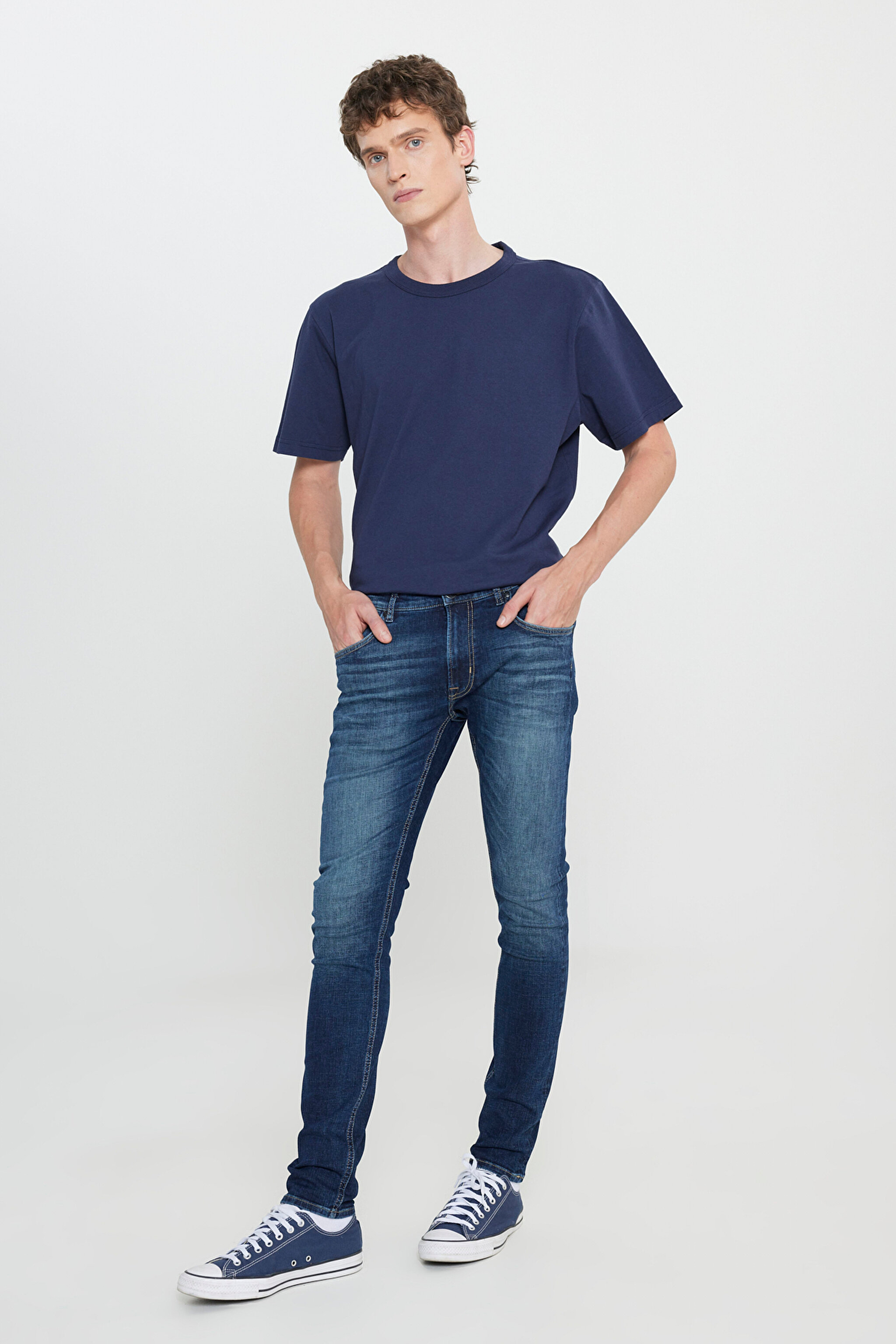 Slim Fit Dar Kesim Düşük Bel Taşlamalı Mavi Esnek Luke Jean Denim Kot Pantolon