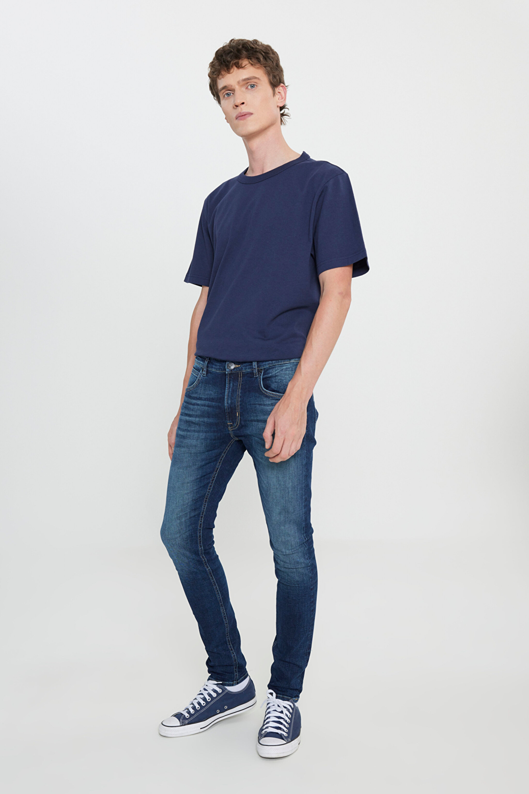 Slim Fit Dar Kesim Düşük Bel Taşlamalı Mavi Esnek Luke Jean Denim Kot Pantolon - Stone-L71912058 (görsel 2)