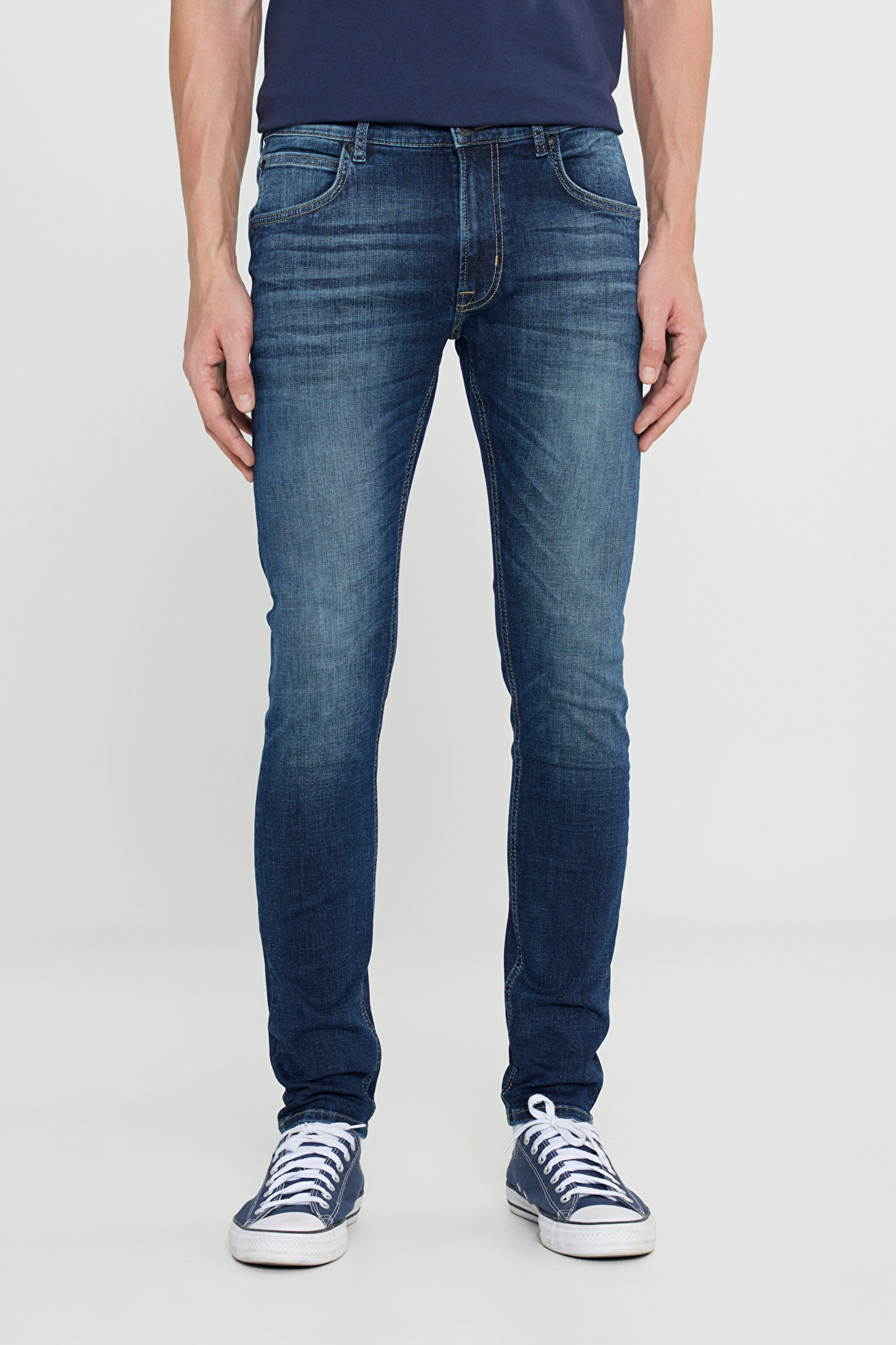 Slim Fit Dar Kesim Düşük Bel Taşlamalı Mavi Esnek Luke Jean Denim Kot Pantolon - Stone-L71912058 (görsel 3)