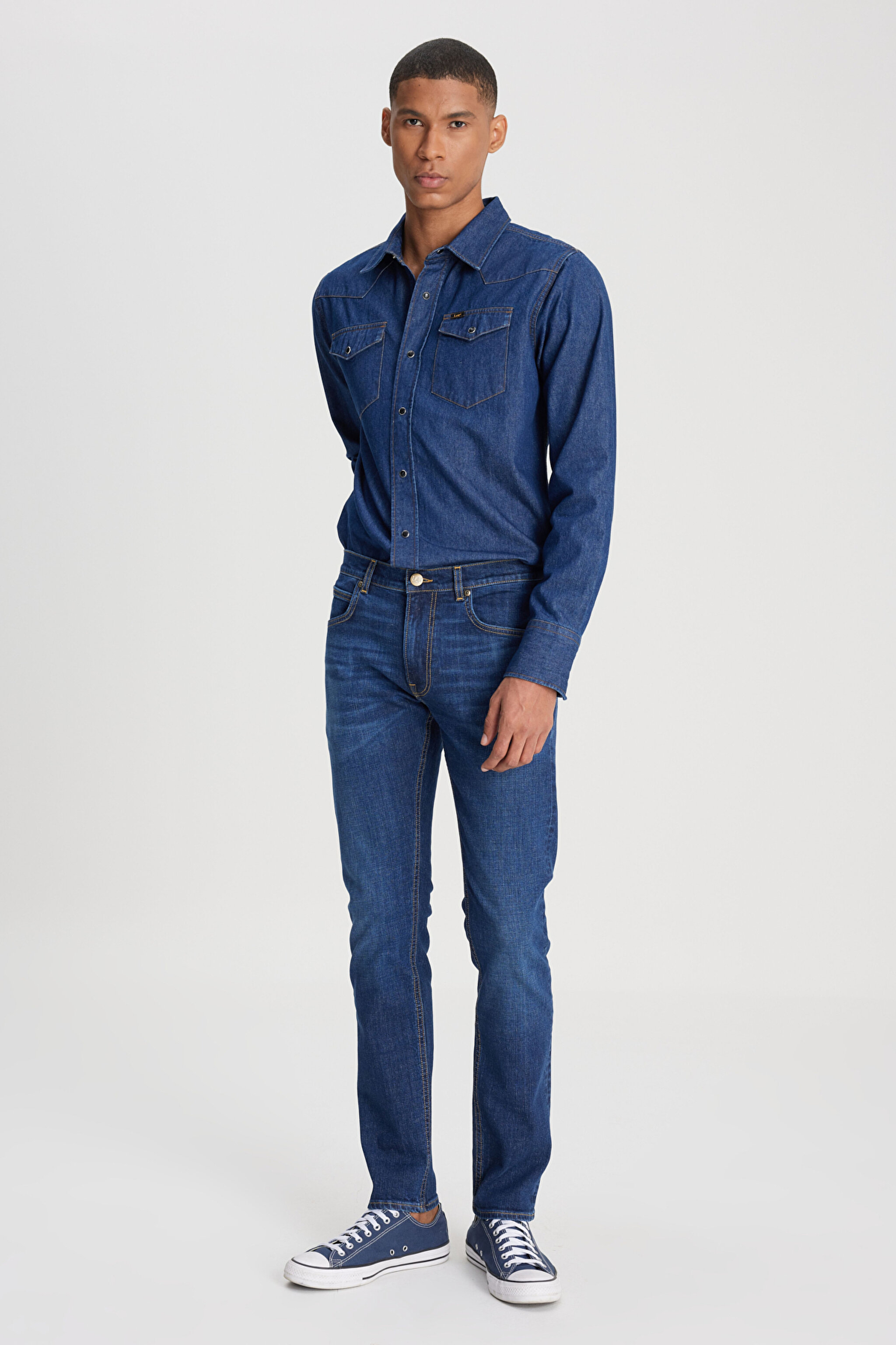 Slim Fit Dar Kesim Normal Bel Dar Paça Luke Koyu Mavi Jean Kot Pantolon