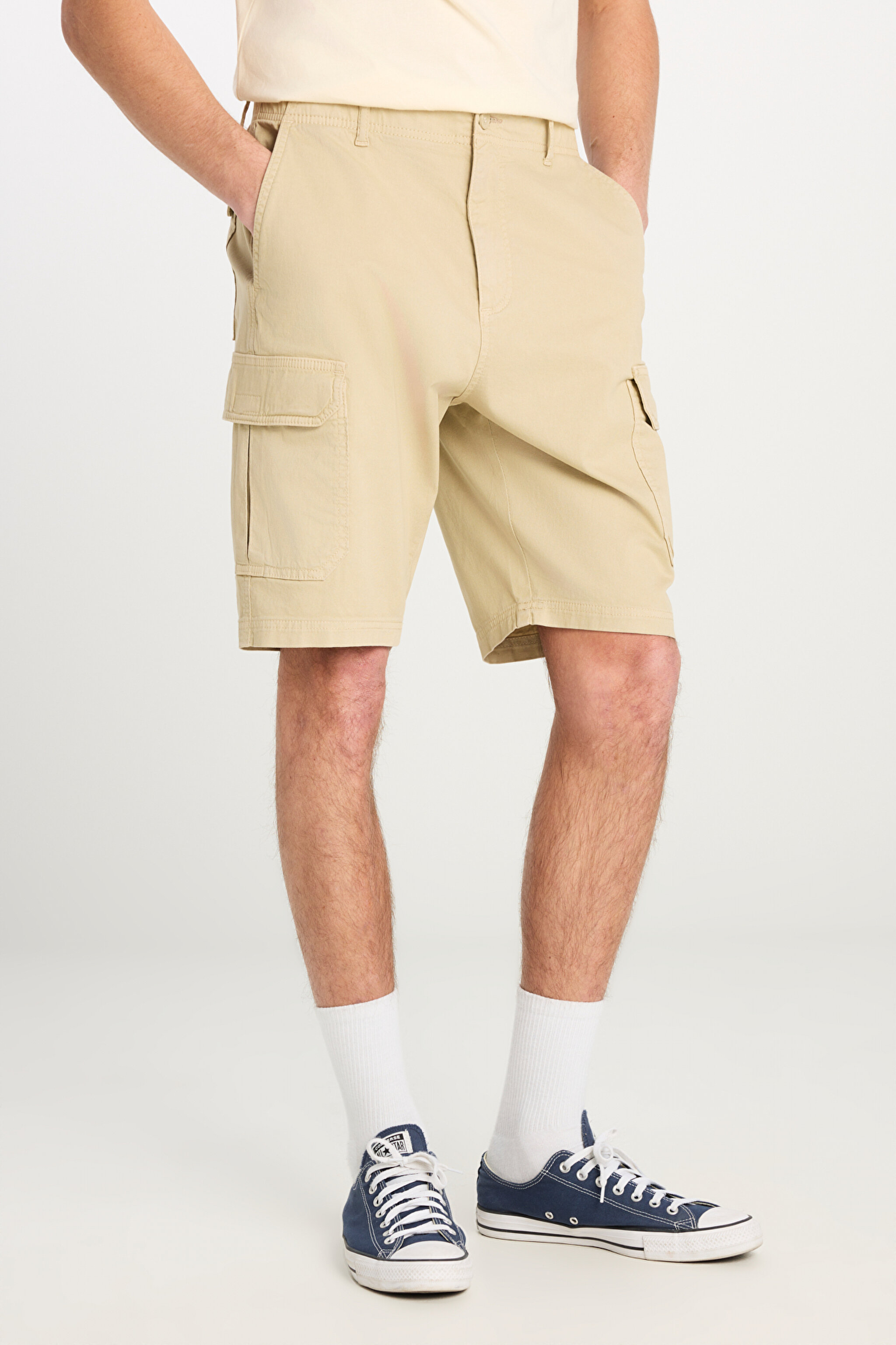 %100 Pamuk Relaxed Fit Geniş Kesim Normal Bel Bej Chino Şort - Beige-L71JA4897614 (görsel 3)