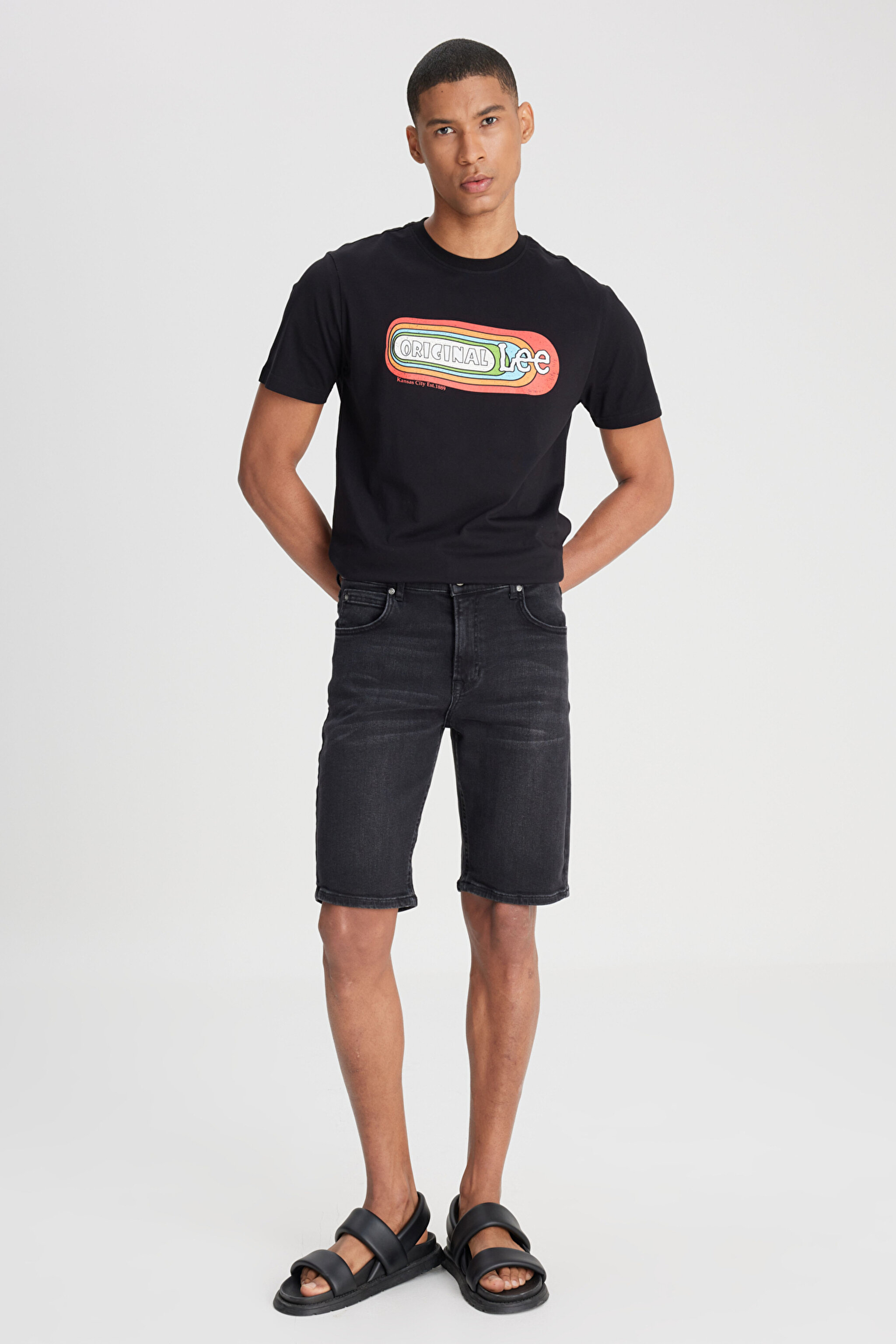 Regular Fit Normal Kesim Normal Bel Siyah Esnek Jean Kot Şort - Black Worn in-L73MKPC48 (görsel 4)