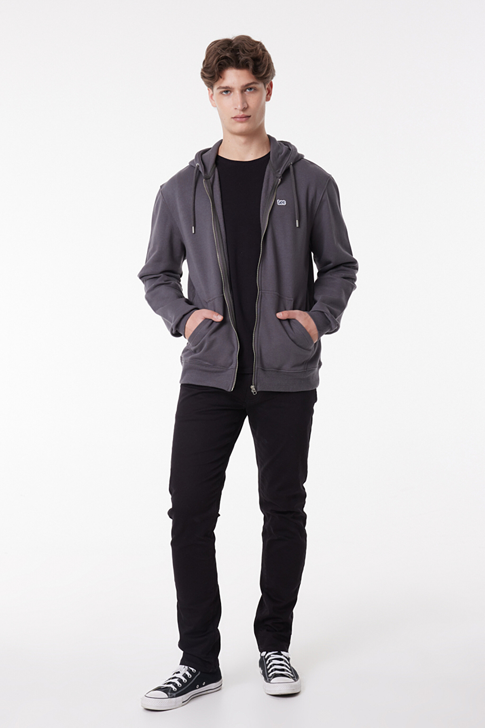 Regular Fit Normal Kesim %100 Pamuk Kapüşonlu Tam Fermuarlı Sweatshirt - Anthracite-L80KSP003 (görsel 2)