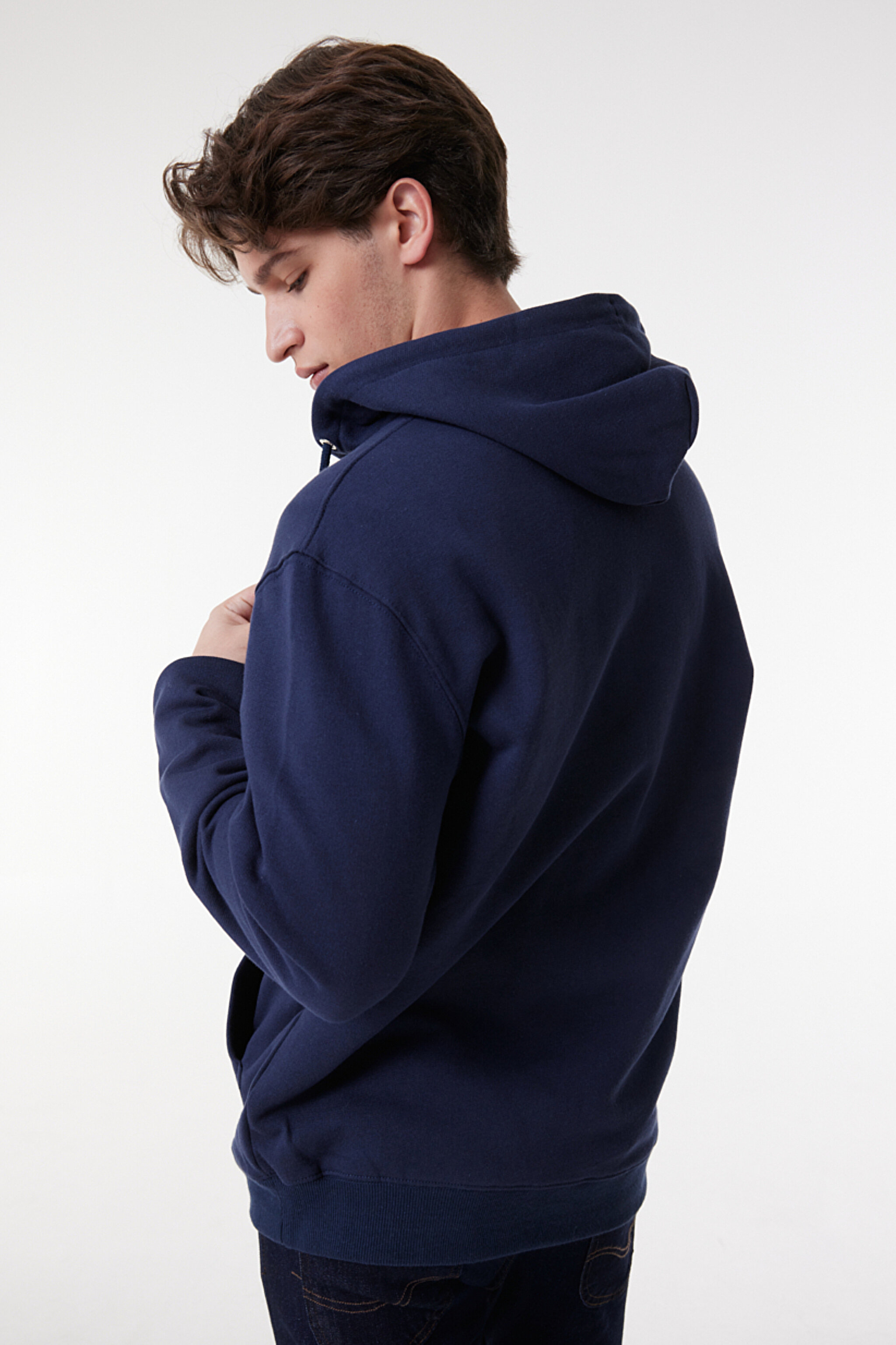 Regular Fit Normal Kesim %100 Pamuk Kapüşonlu Tam Fermuarlı Sweatshirt - Navy-L80KSP410 (görsel 5)