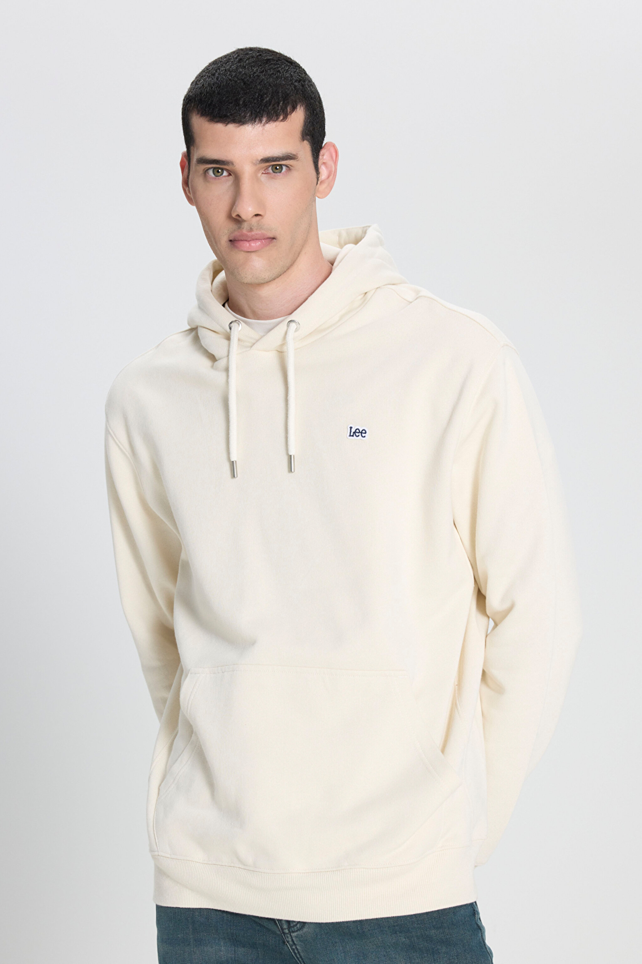 Regular Fit Normal Kesim %100 Pamuk Kapüşonlu Şardonlu Kırık Beyaz Sweatshirt