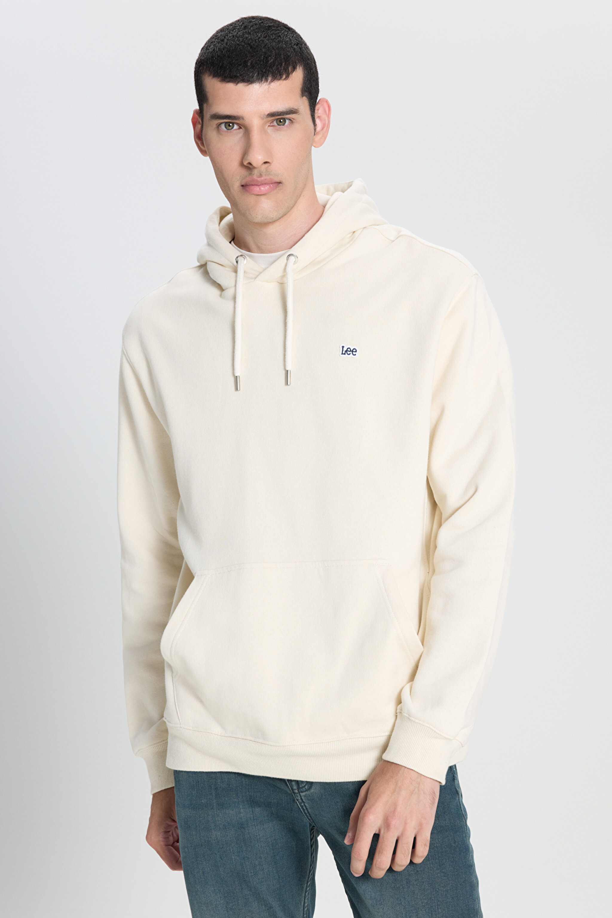 Regular Fit Normal Kesim %100 Pamuk Kapüşonlu Şardonlu Kırık Beyaz Sweatshirt - Off White-L80YRY102 (görsel 2)