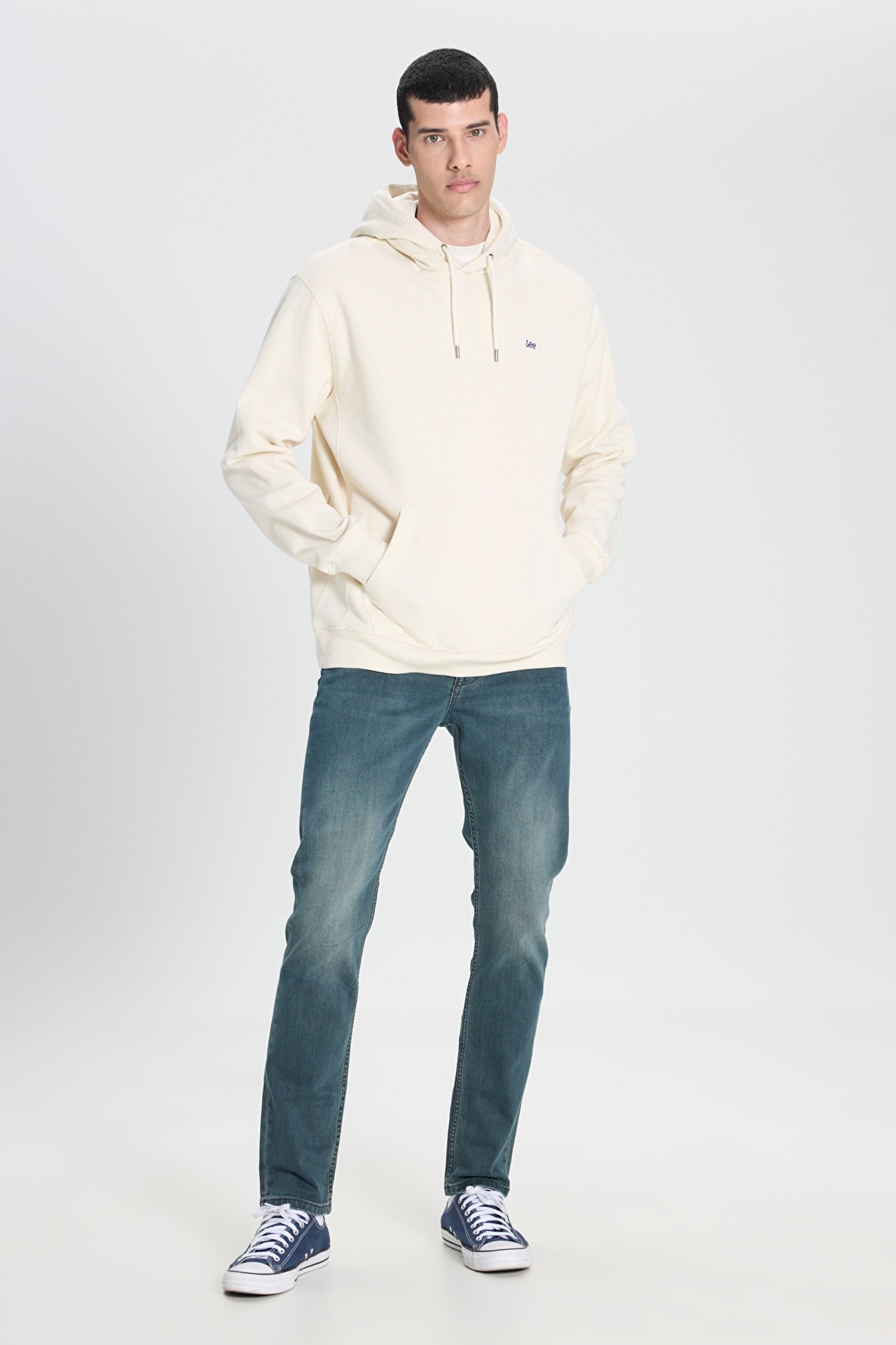 Regular Fit Normal Kesim %100 Pamuk Kapüşonlu Şardonlu Kırık Beyaz Sweatshirt - Off White-L80YRY102 (görsel 3)
